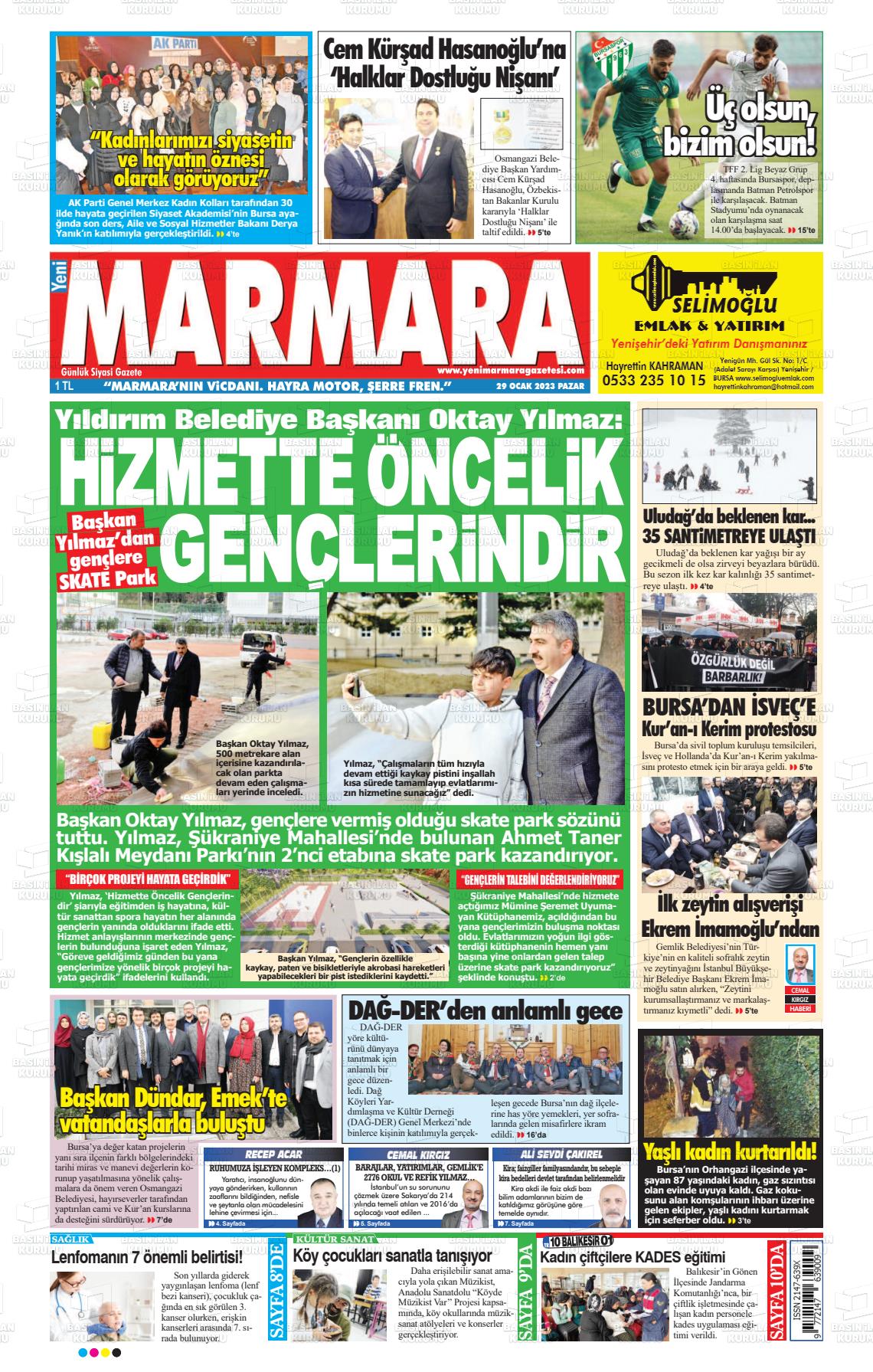 29 Ocak 2023 Yeni Marmara Gazete Manşeti