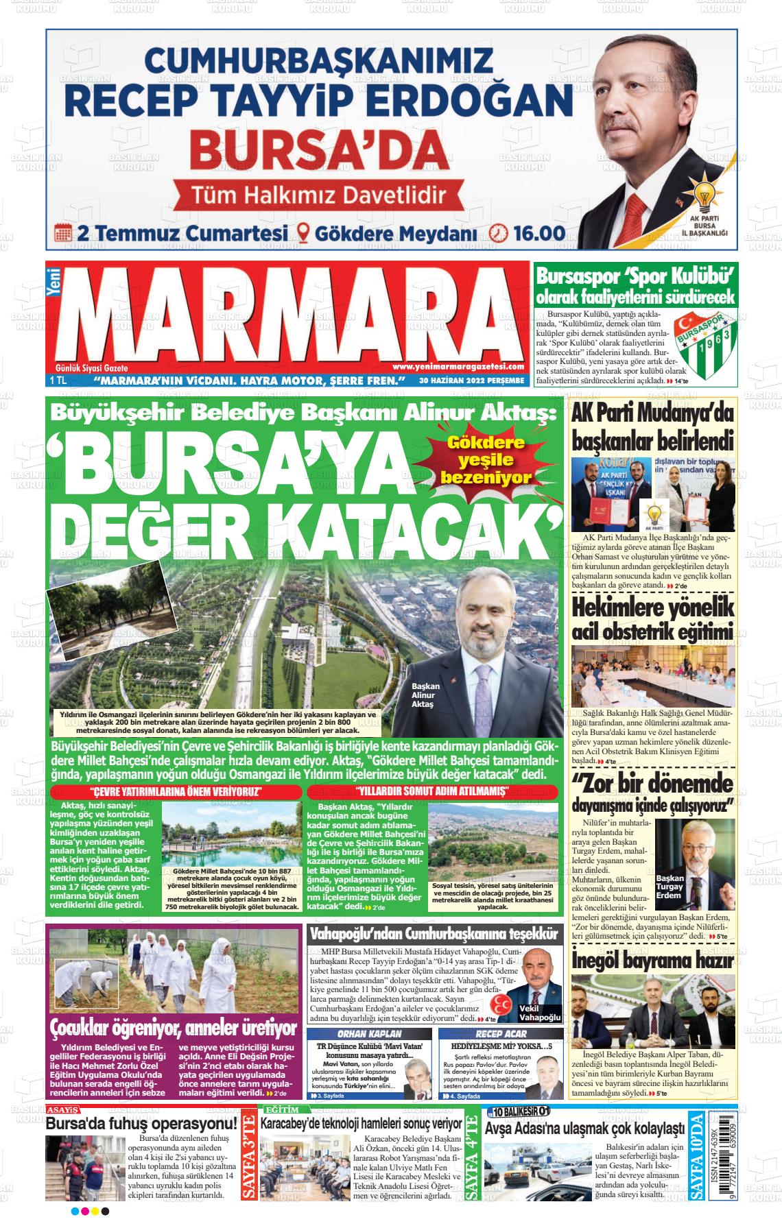30 Haziran 2022 Yeni Marmara Gazete Manşeti