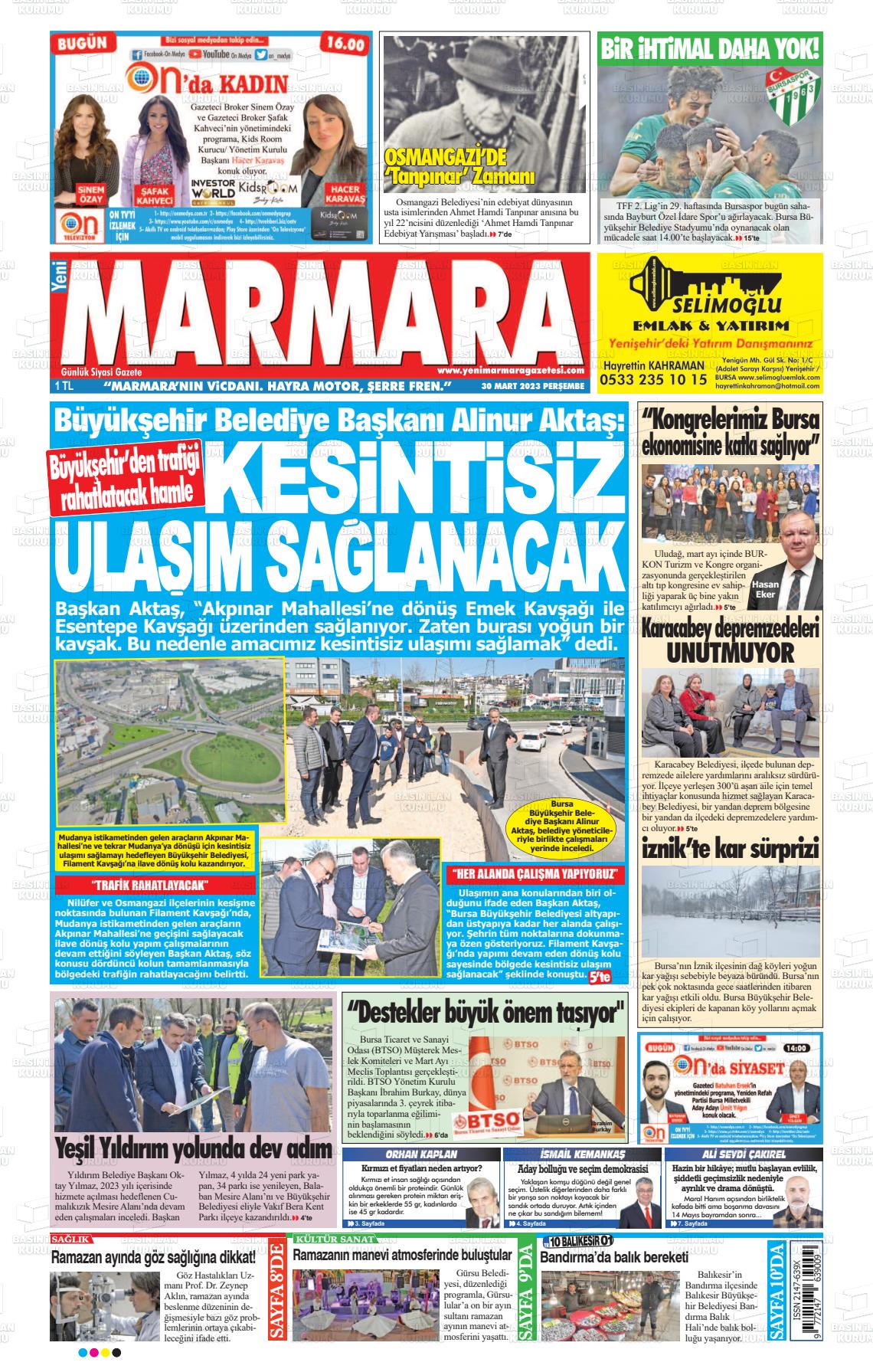 30 Mart 2023 Yeni Marmara Gazete Manşeti