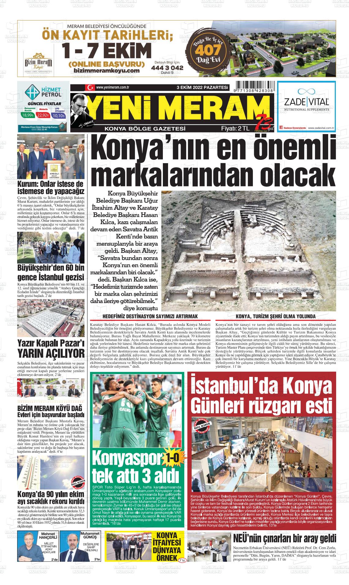 03 Ekim 2022 Yeni Meram Gazete Manşeti