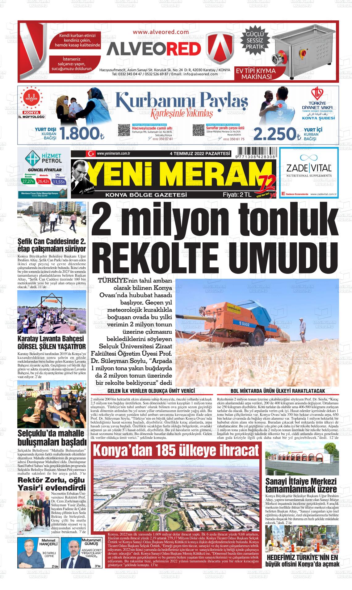 04 Temmuz 2022 Yeni Meram Gazete Manşeti