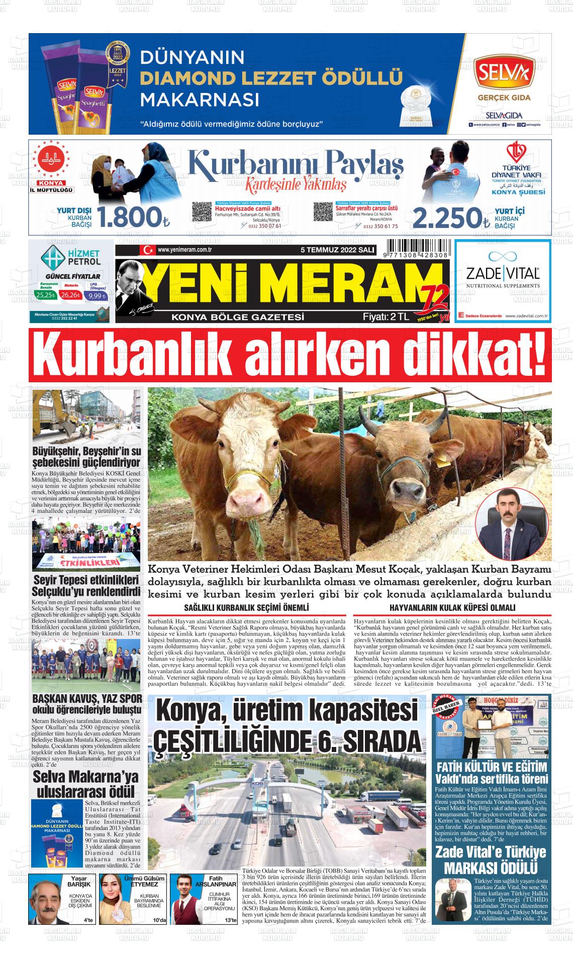 05 Temmuz 2022 Yeni Meram Gazete Manşeti