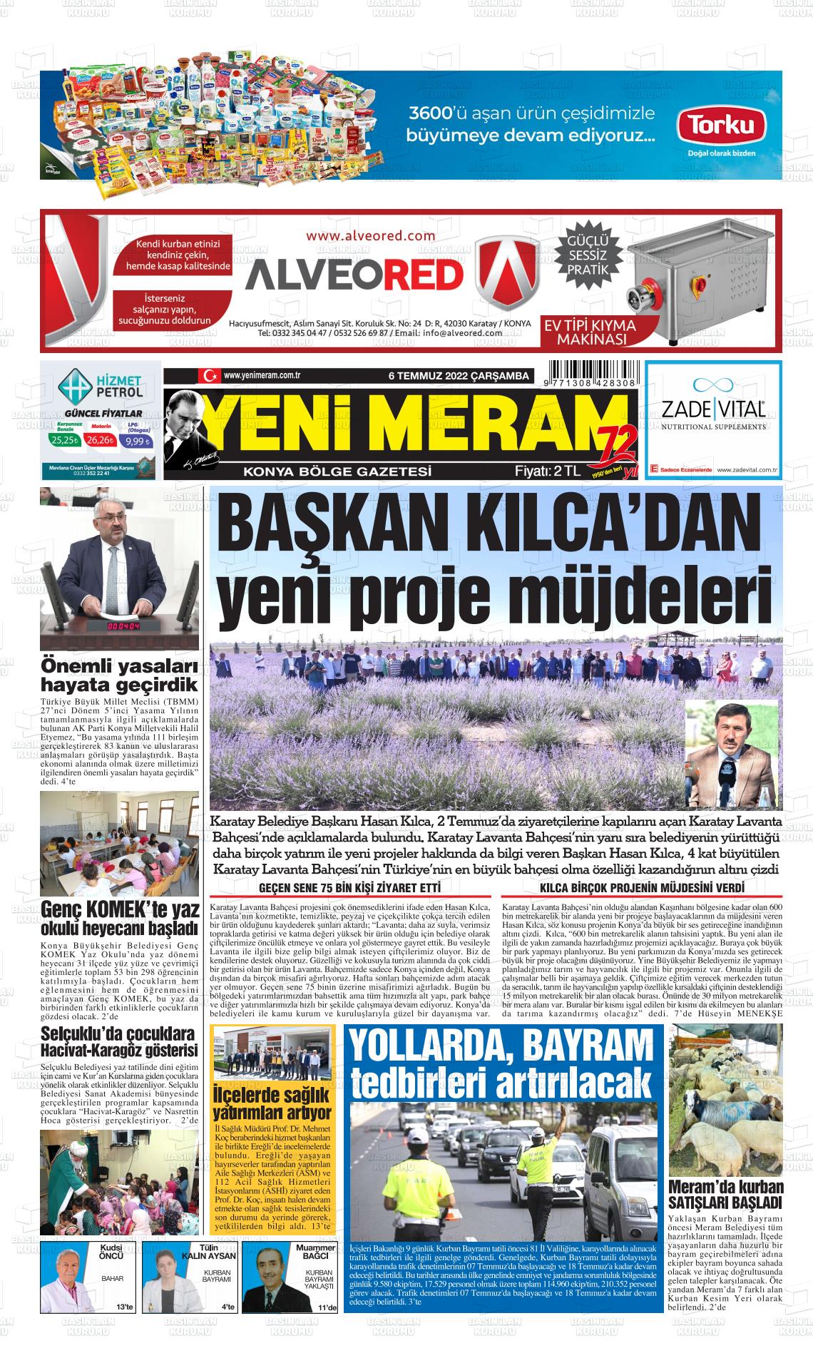 06 Temmuz 2022 Yeni Meram Gazete Manşeti