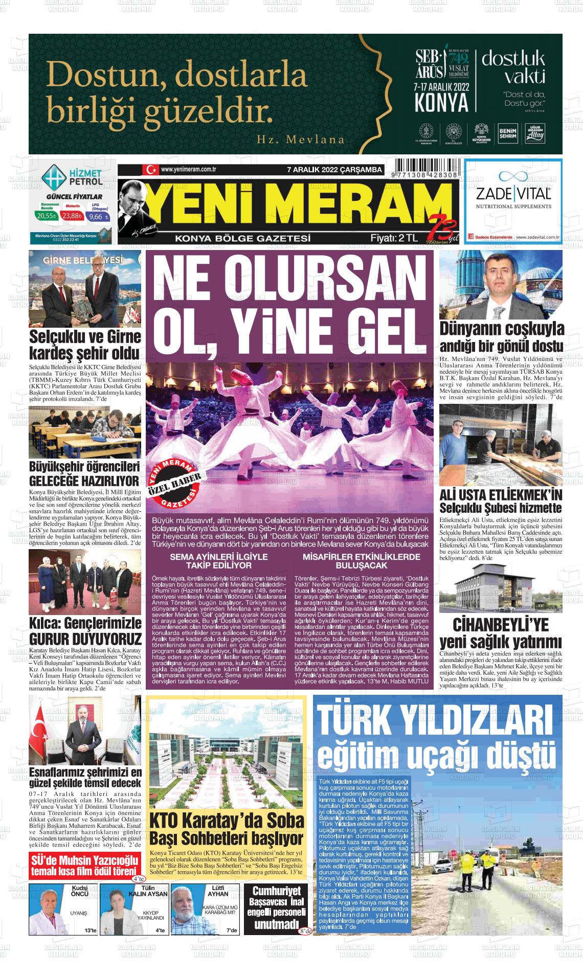 07 Aralık 2022 Yeni Meram Gazete Manşeti