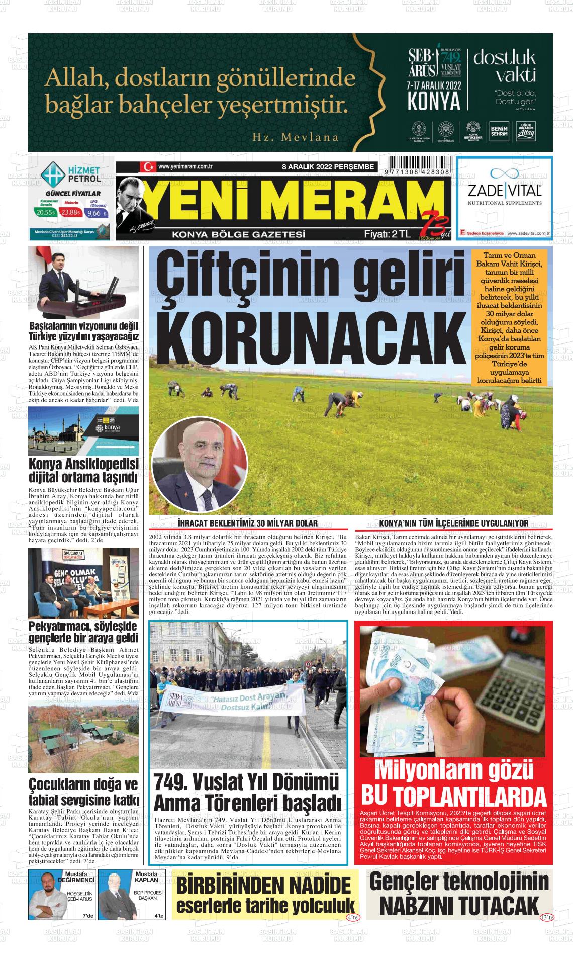 08 Aralık 2022 Yeni Meram Gazete Manşeti