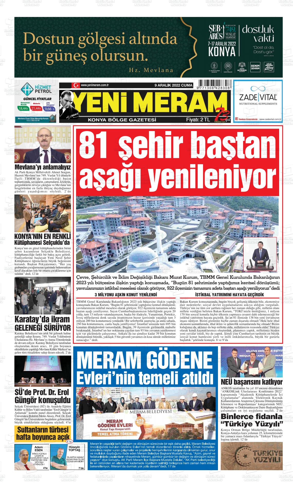 09 Aralık 2022 Yeni Meram Gazete Manşeti