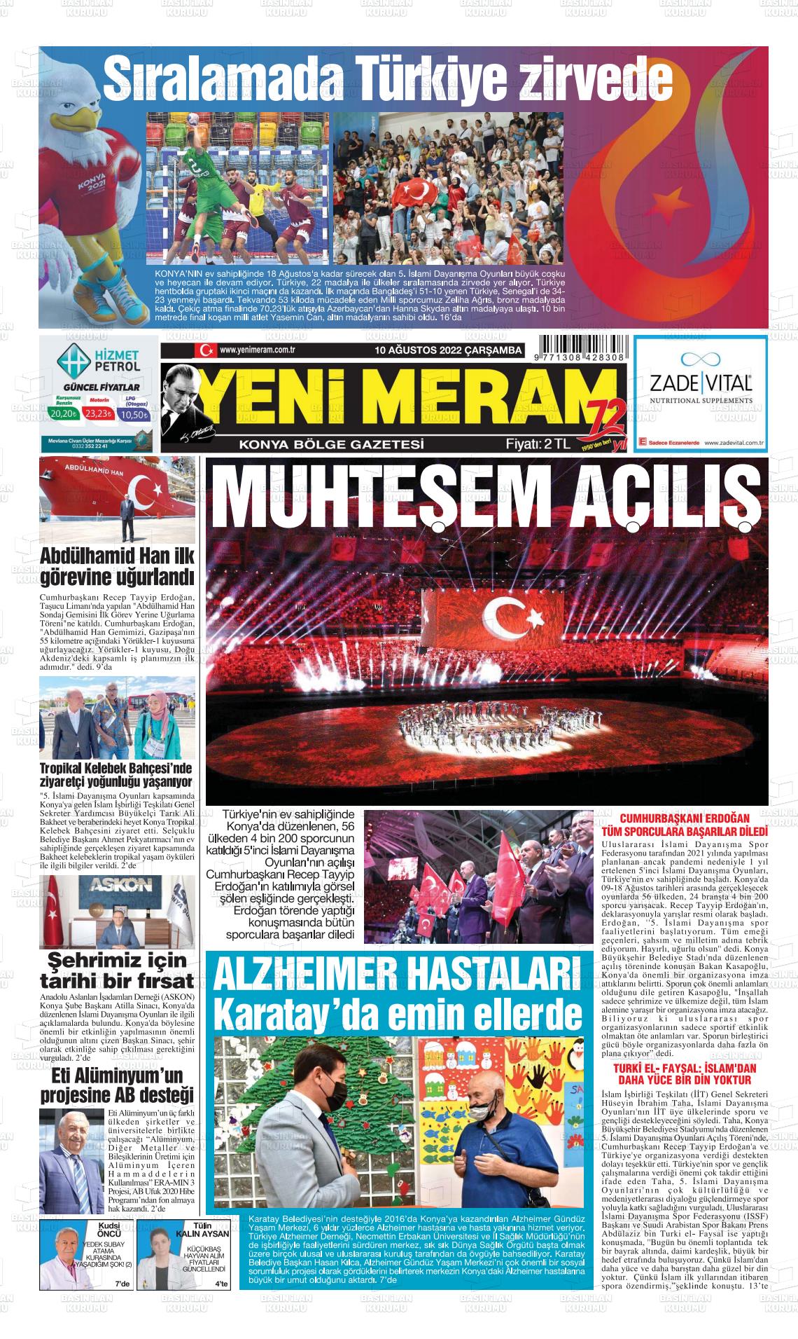 10 Ağustos 2022 Yeni Meram Gazete Manşeti