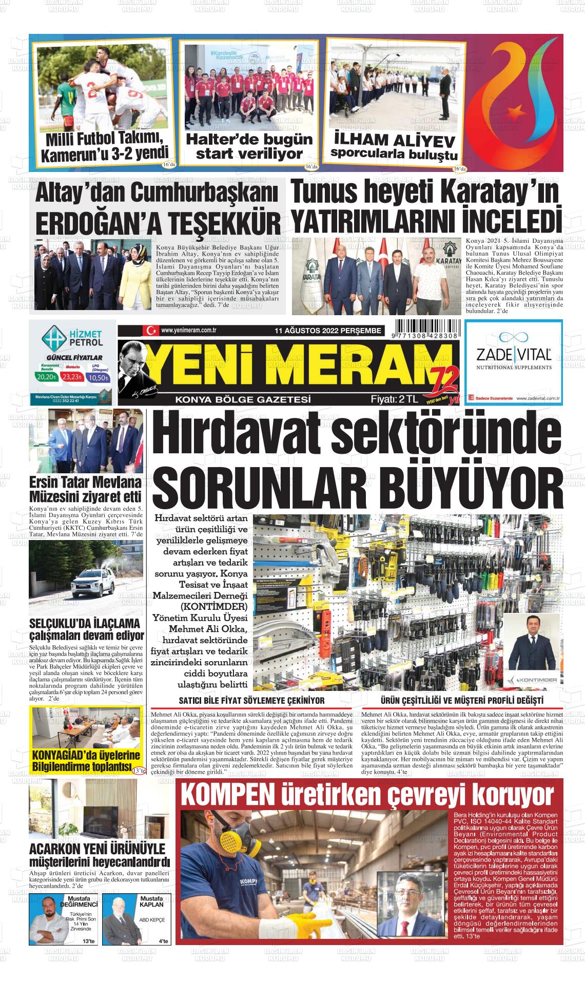 11 Ağustos 2022 Yeni Meram Gazete Manşeti