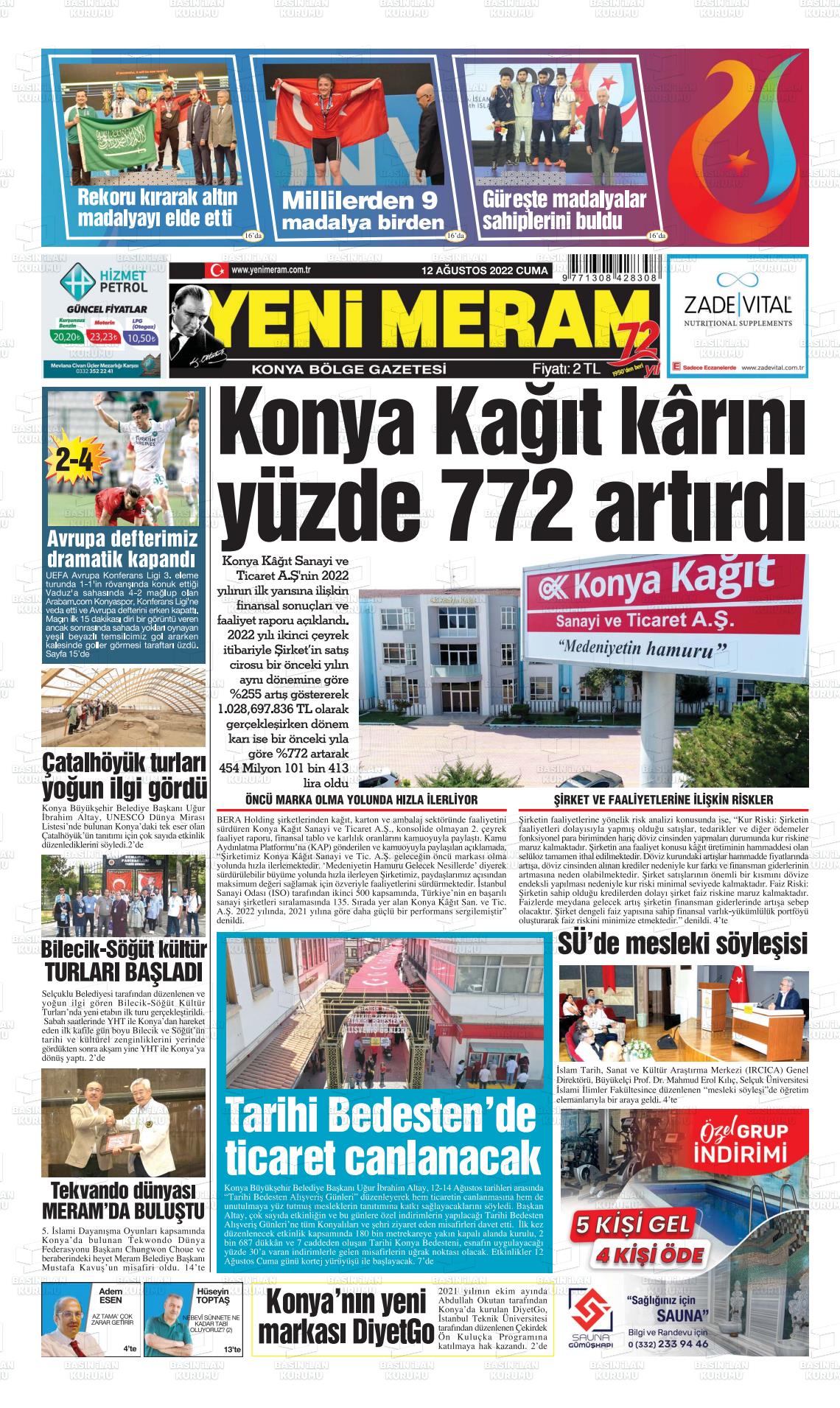 12 Ağustos 2022 Yeni Meram Gazete Manşeti