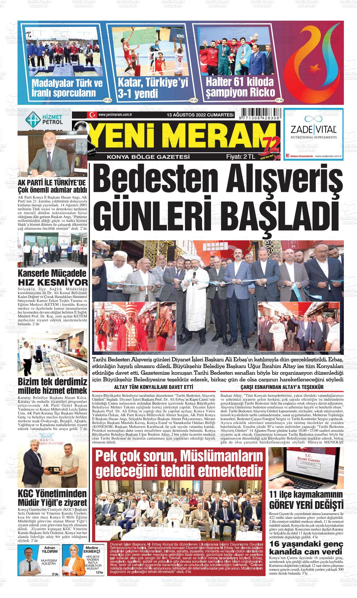 13 Ağustos 2022 Yeni Meram Gazete Manşeti