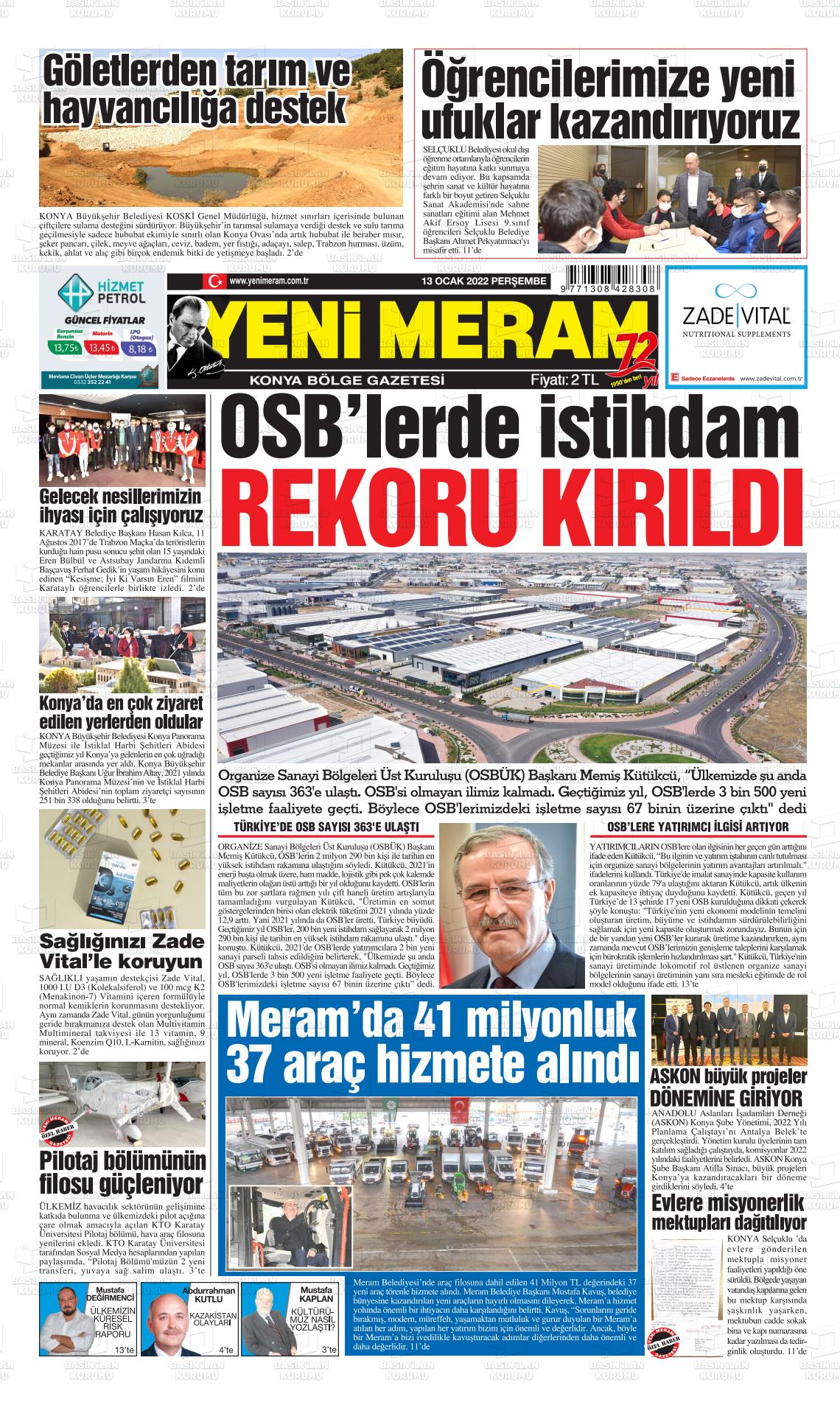 13 Ocak 2022 Yeni Meram Gazete Manşeti