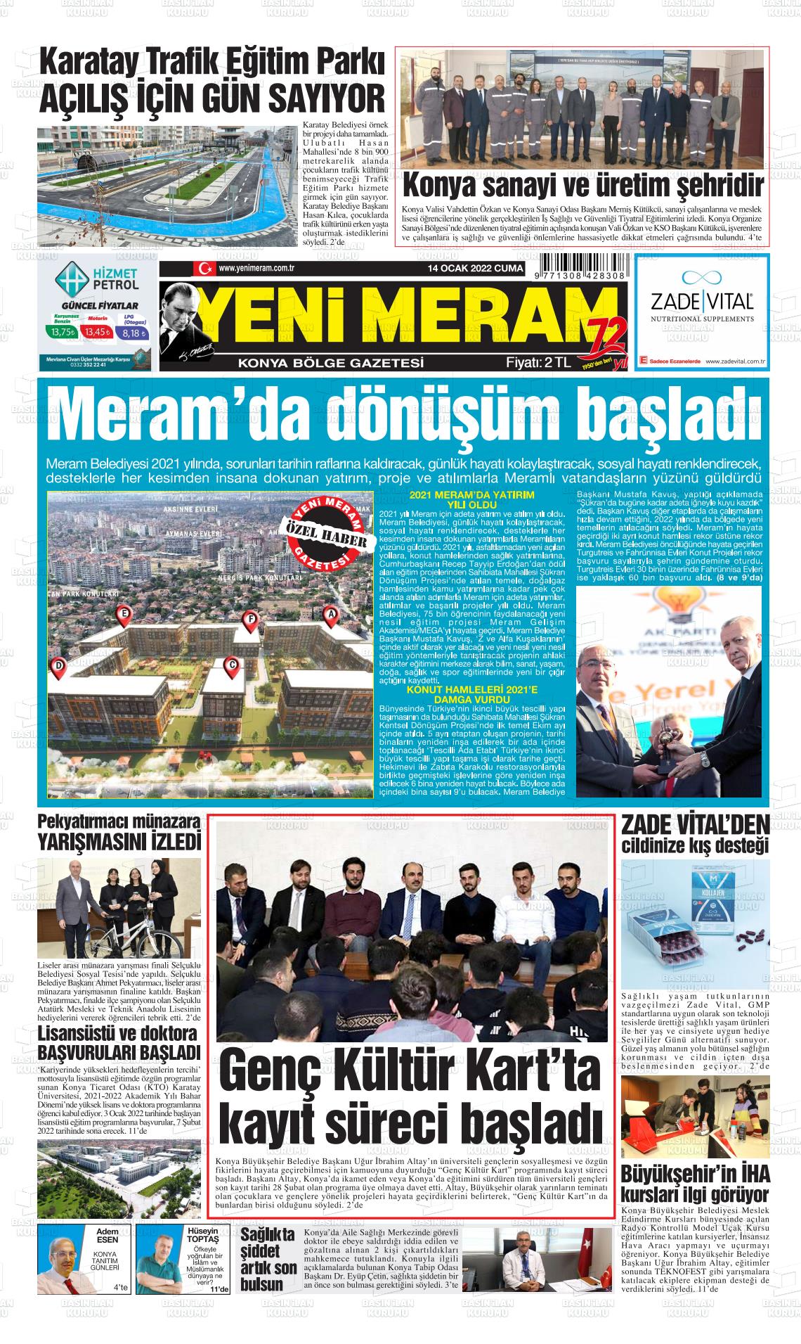 14 Ocak 2022 Yeni Meram Gazete Manşeti