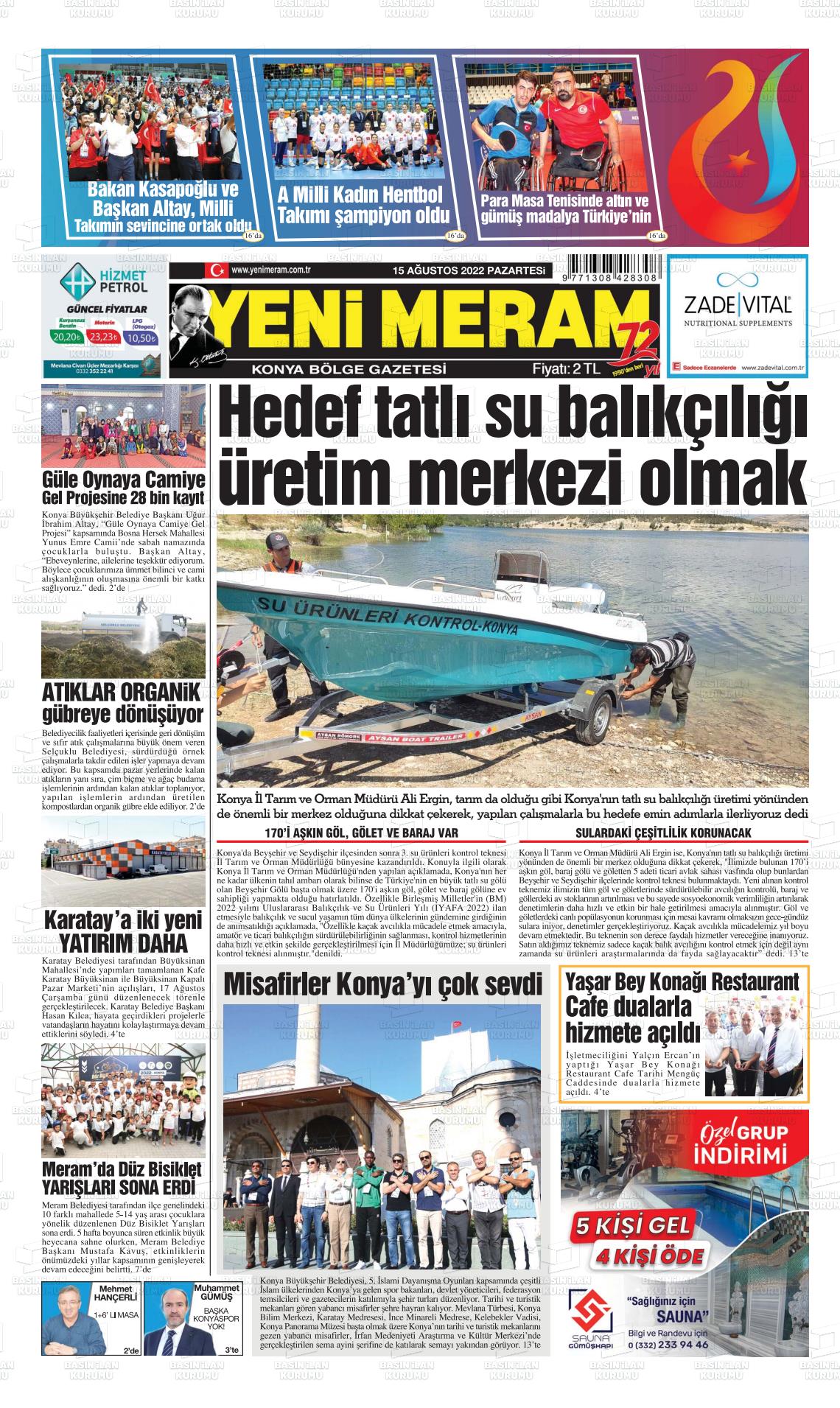 15 Ağustos 2022 Yeni Meram Gazete Manşeti