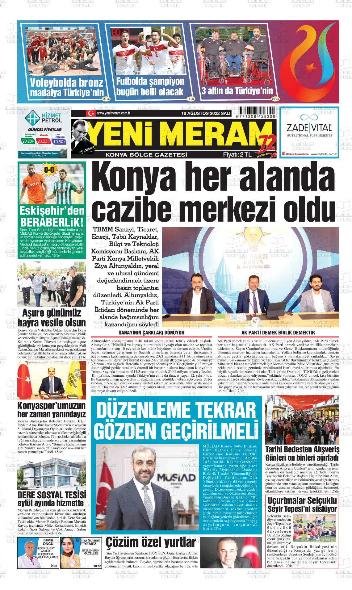 16 Ağustos 2022 Yeni Meram Gazete Manşeti
