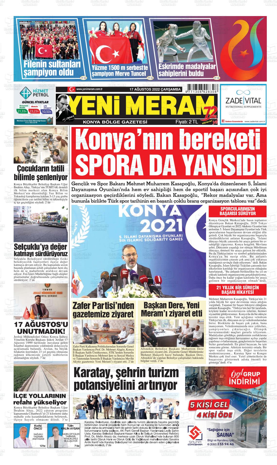 17 Ağustos 2022 Yeni Meram Gazete Manşeti
