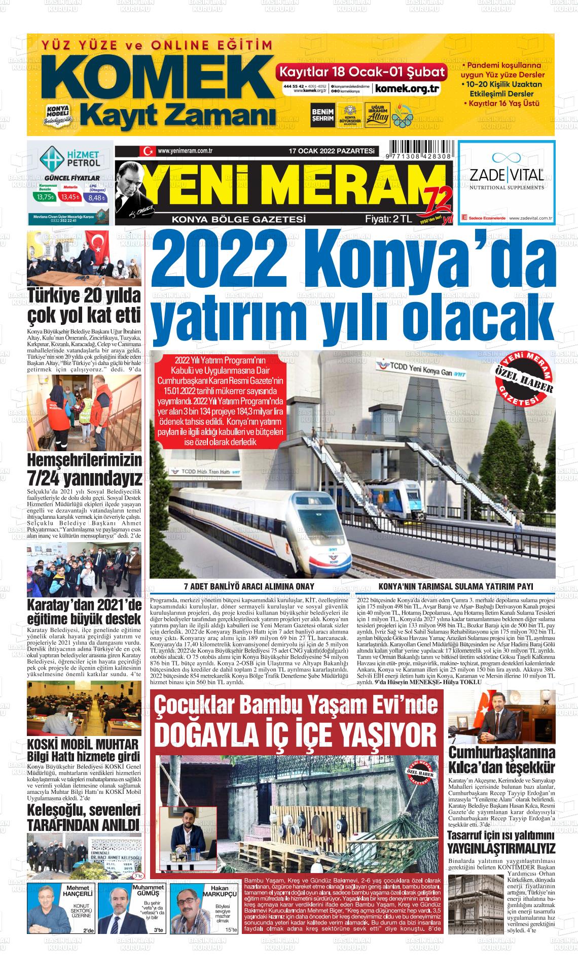 17 Ocak 2022 Yeni Meram Gazete Manşeti