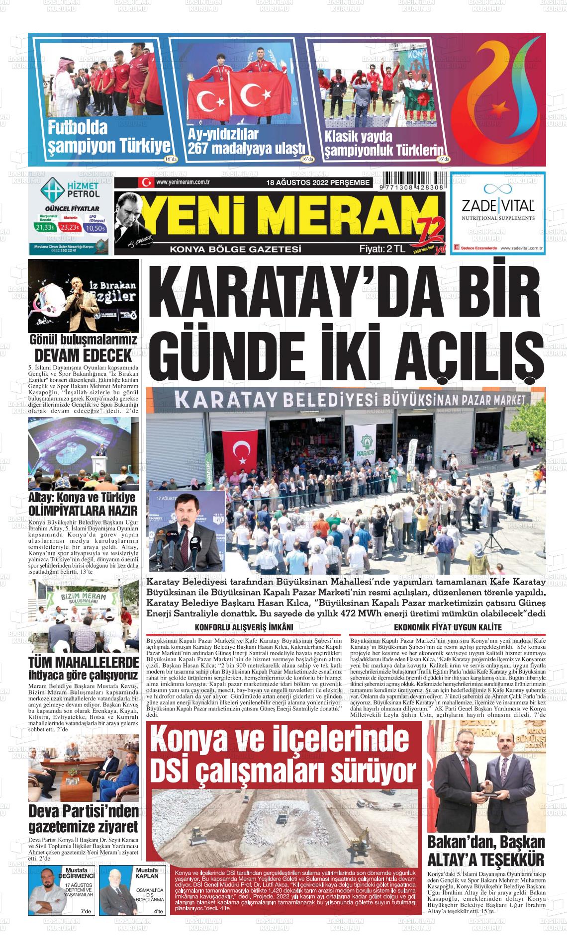 18 Ağustos 2022 Yeni Meram Gazete Manşeti