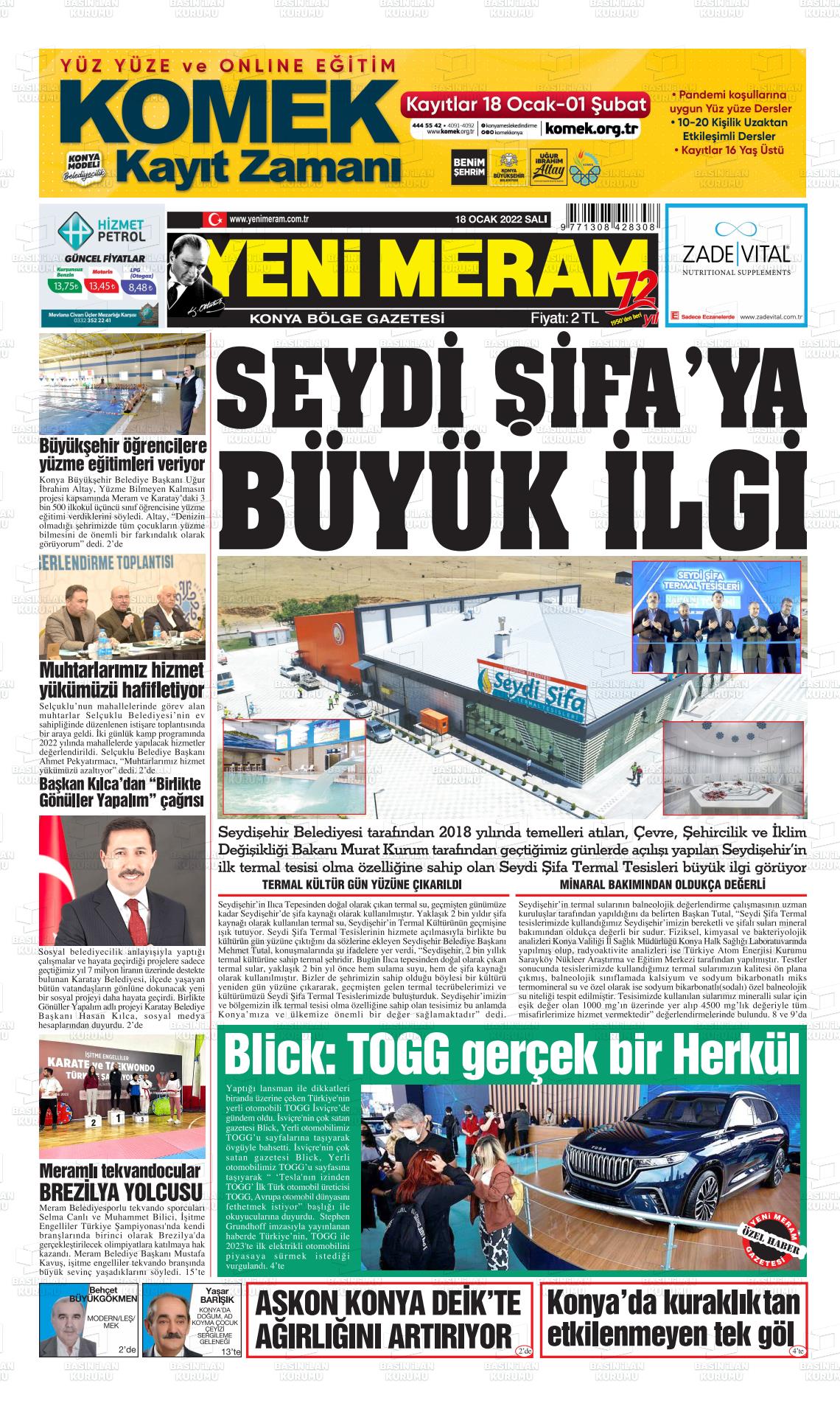 18 Ocak 2022 Yeni Meram Gazete Manşeti