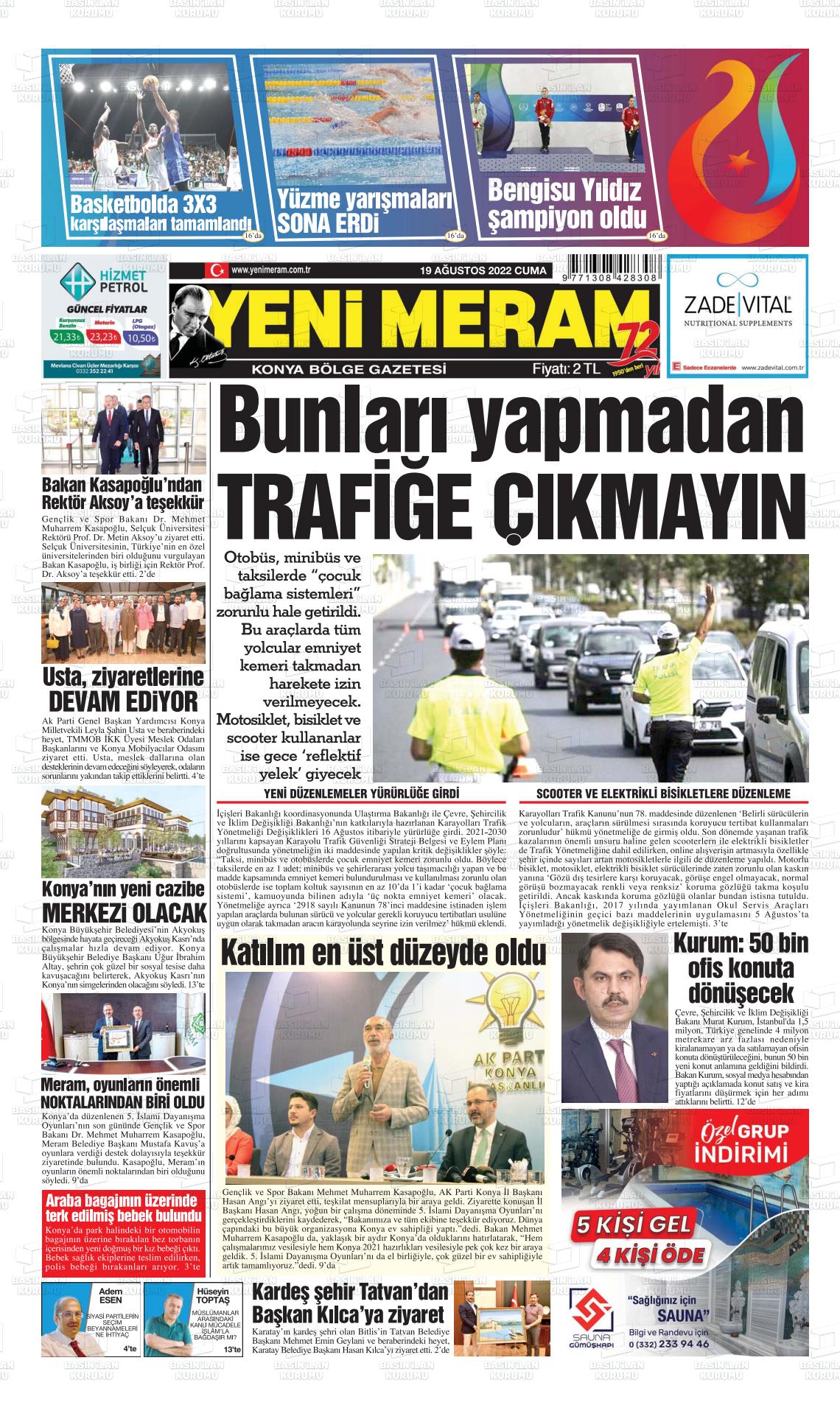 19 Ağustos 2022 Yeni Meram Gazete Manşeti