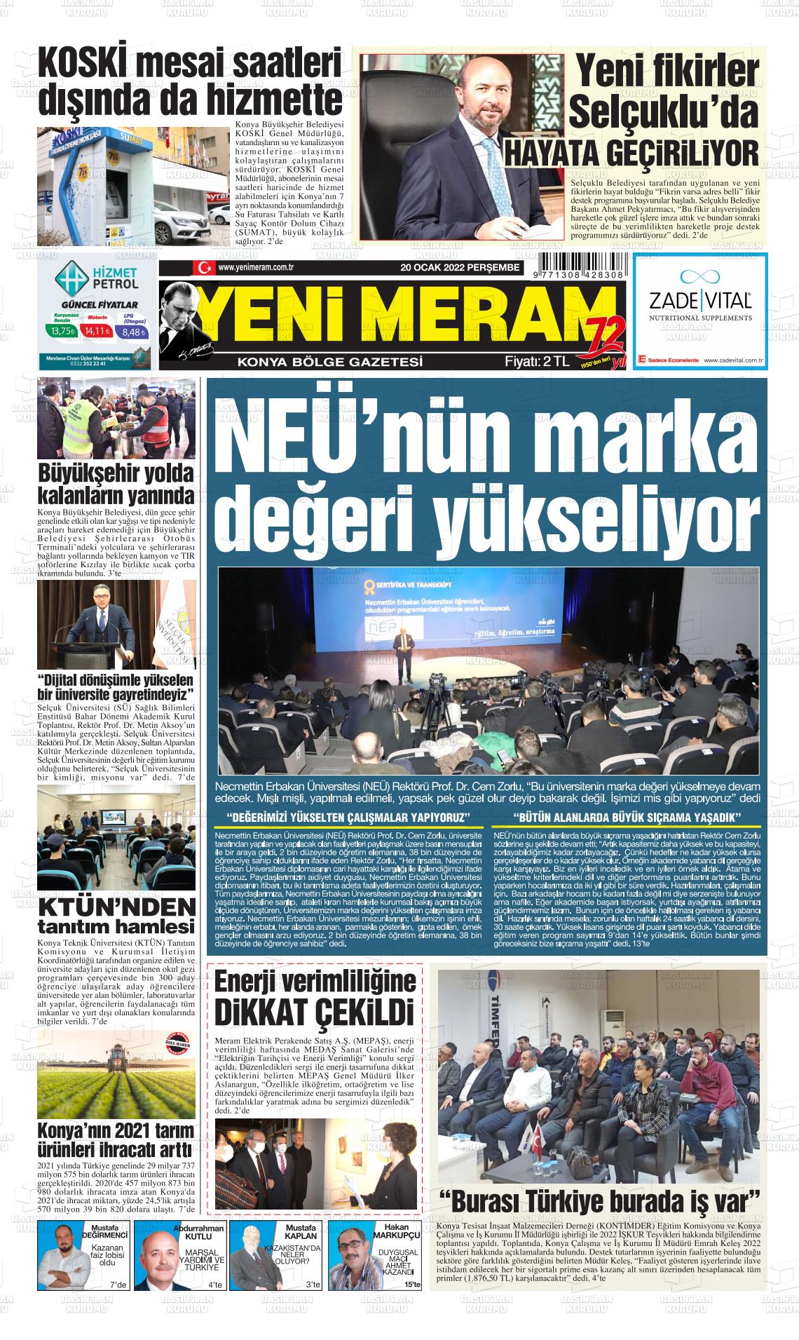 20 Ocak 2022 Yeni Meram Gazete Manşeti