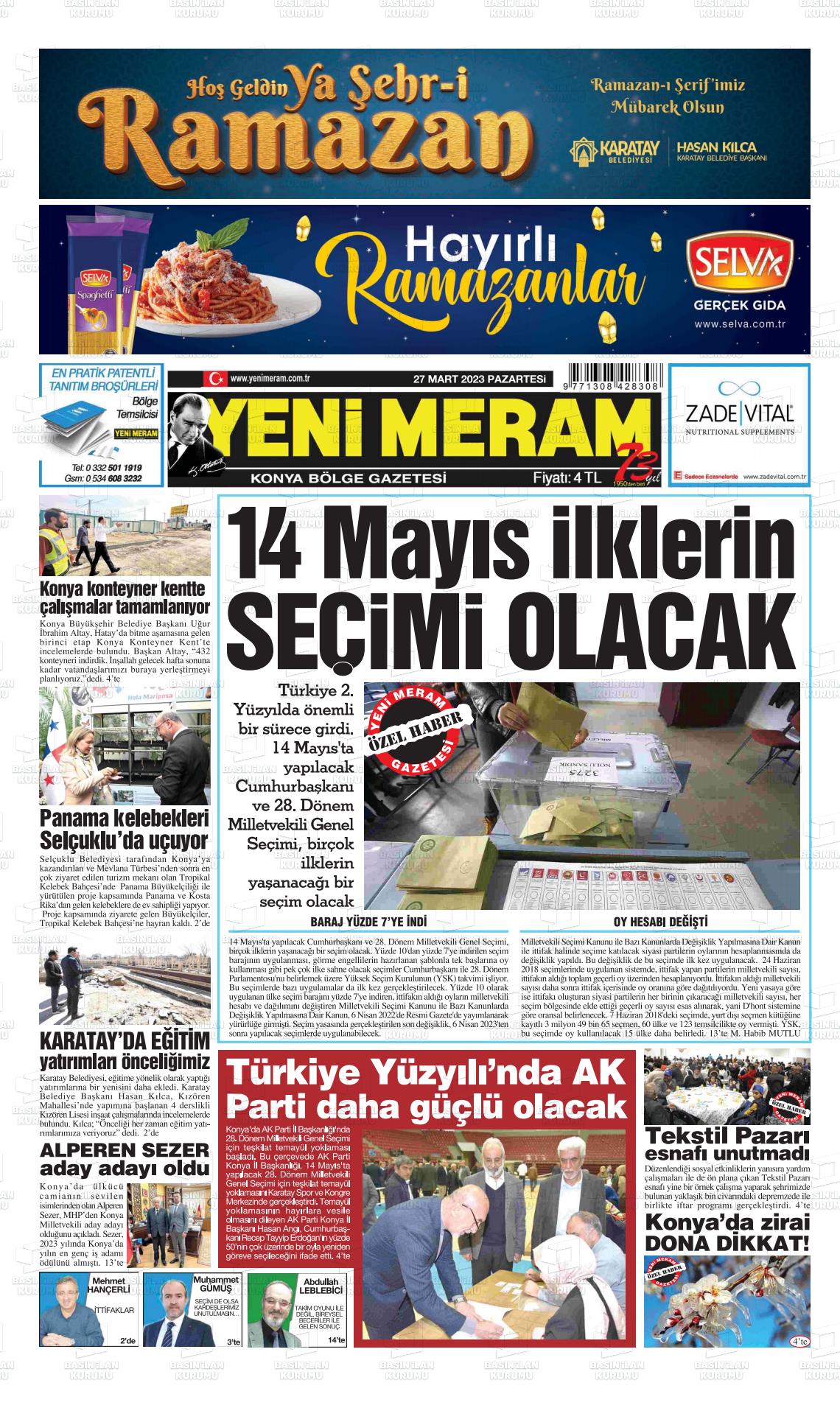 27 Mart 2023 Yeni Meram Gazete Manşeti