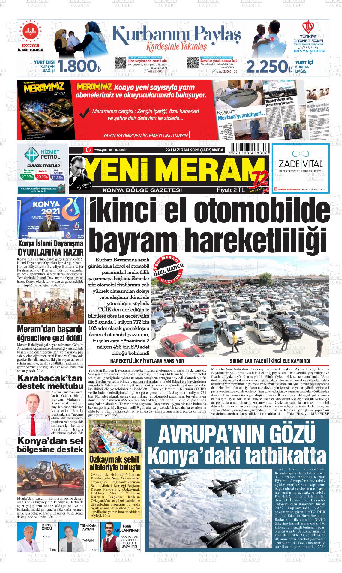29 Haziran 2022 Yeni Meram Gazete Manşeti