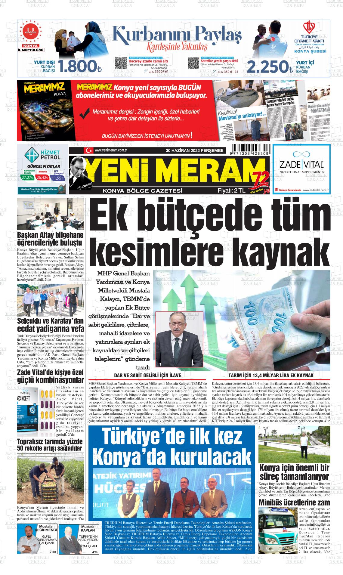 02 Temmuz 2022 Yeni Meram Gazete Manşeti