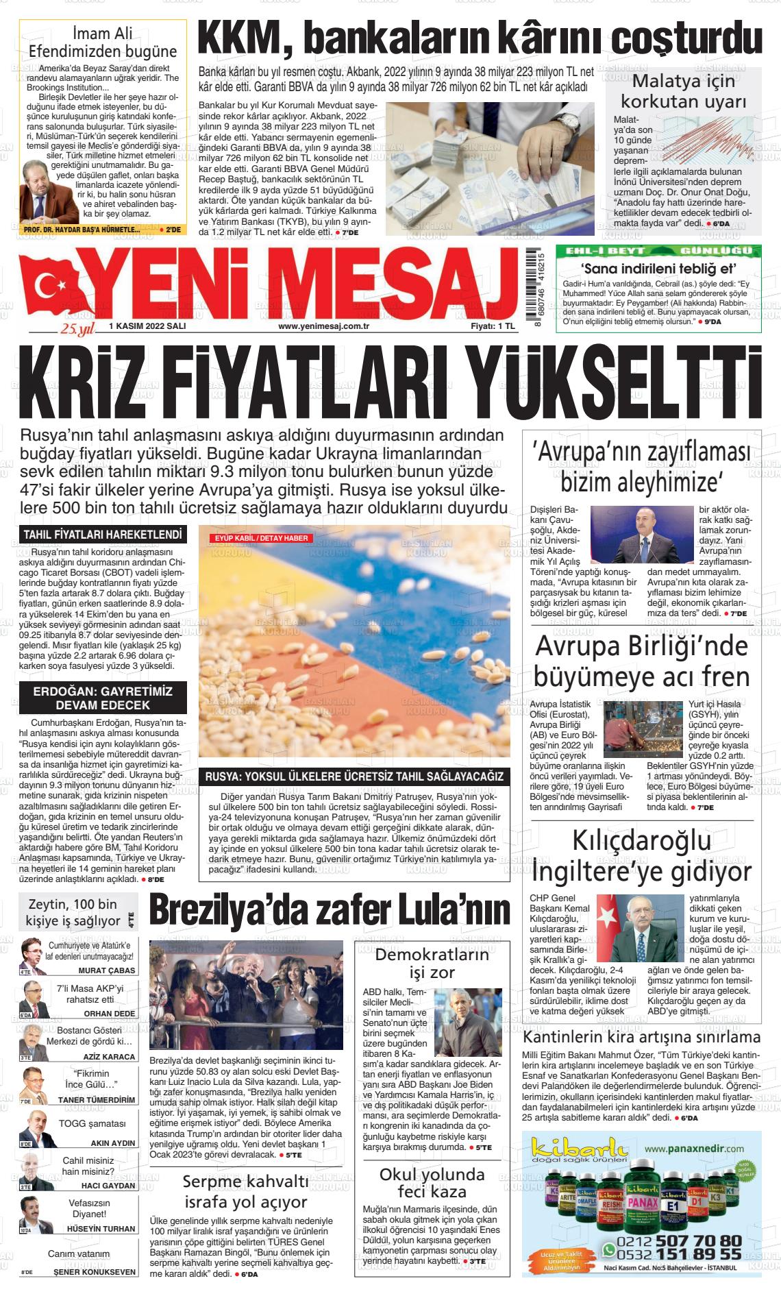 01 Kasım 2022 Yeni Mesaj Gazete Manşeti