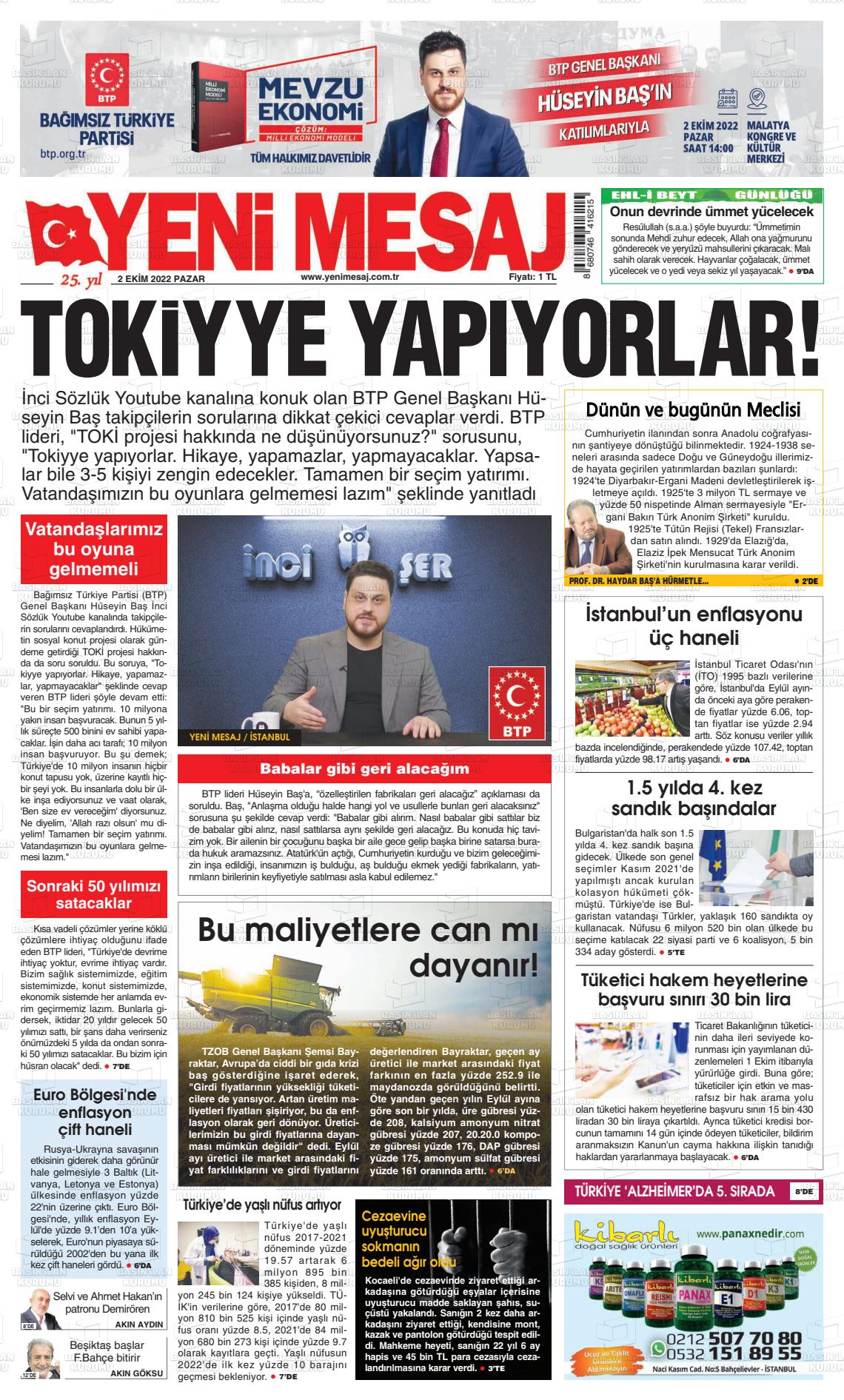02 Ekim 2022 Yeni Mesaj Gazete Manşeti