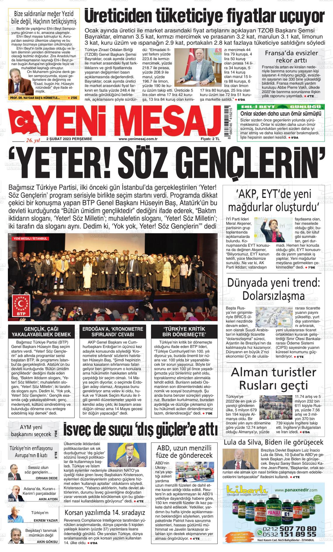 02 Şubat 2023 Yeni Mesaj Gazete Manşeti