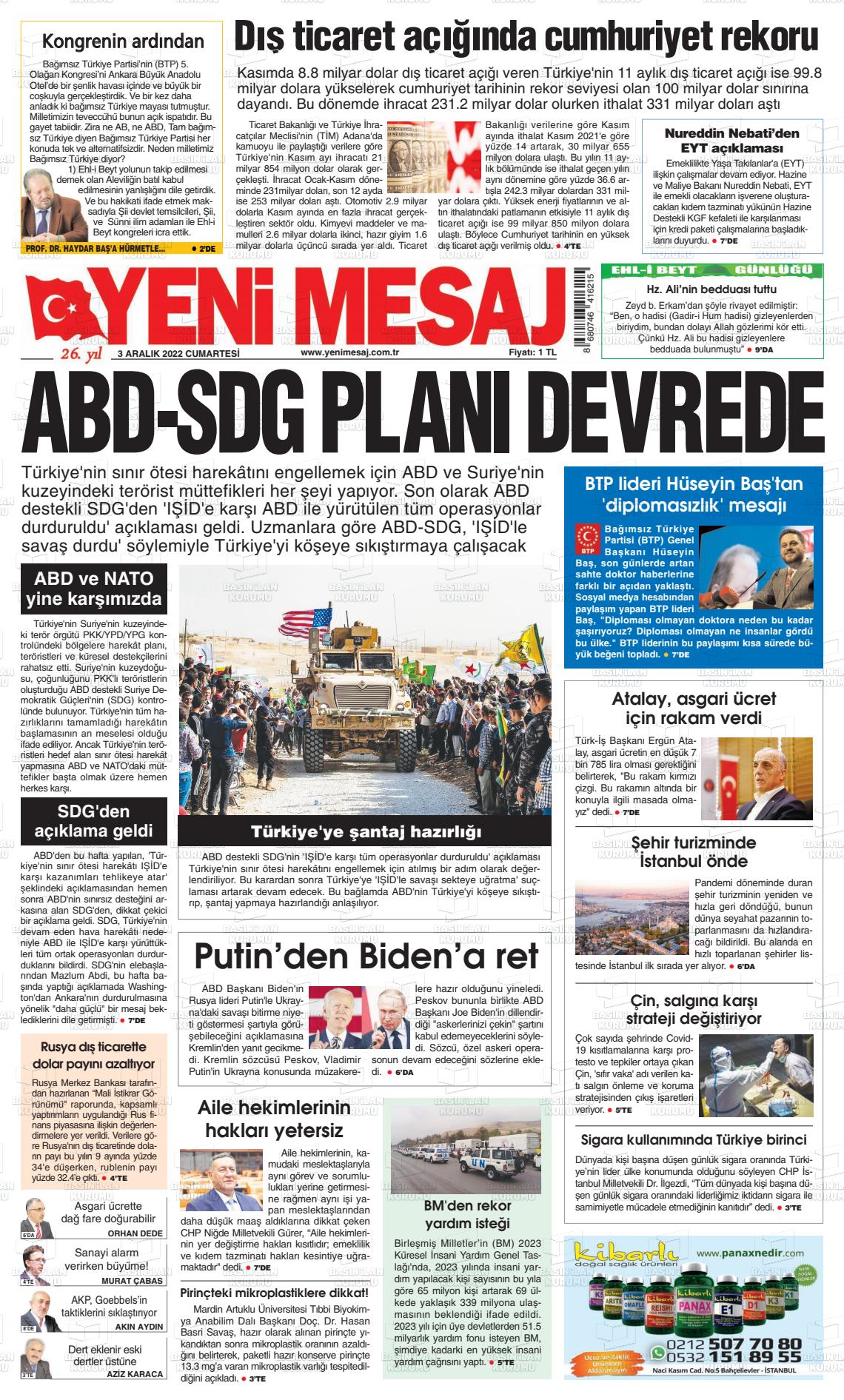 03 Aralık 2022 Yeni Mesaj Gazete Manşeti