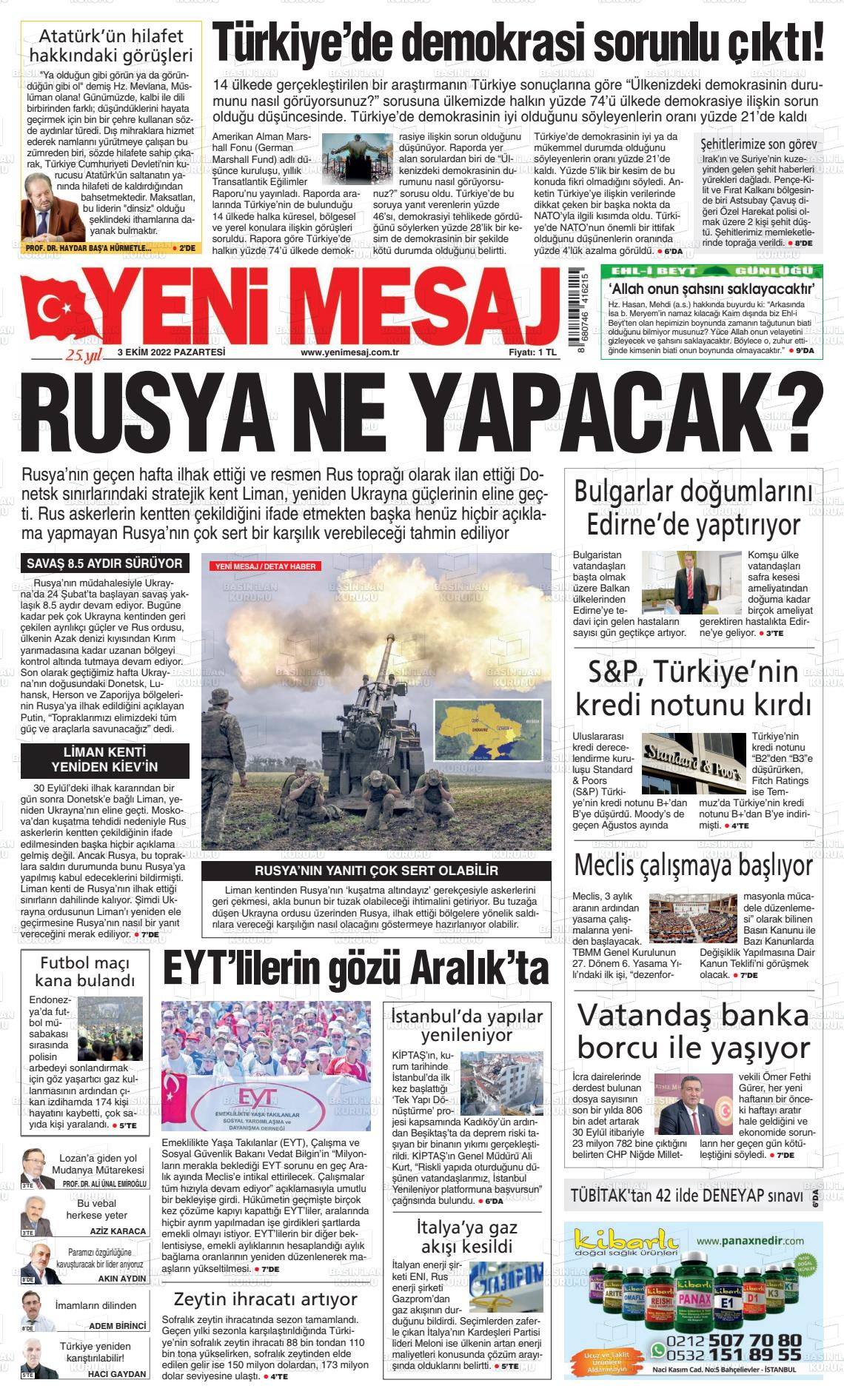 03 Ekim 2022 Yeni Mesaj Gazete Manşeti
