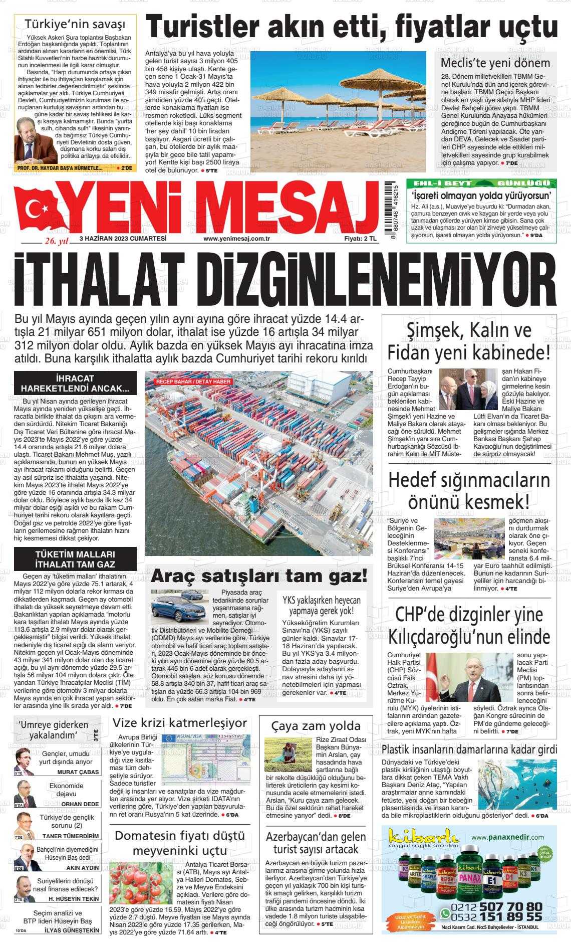03 Haziran 2023 Yeni Mesaj Gazete Manşeti