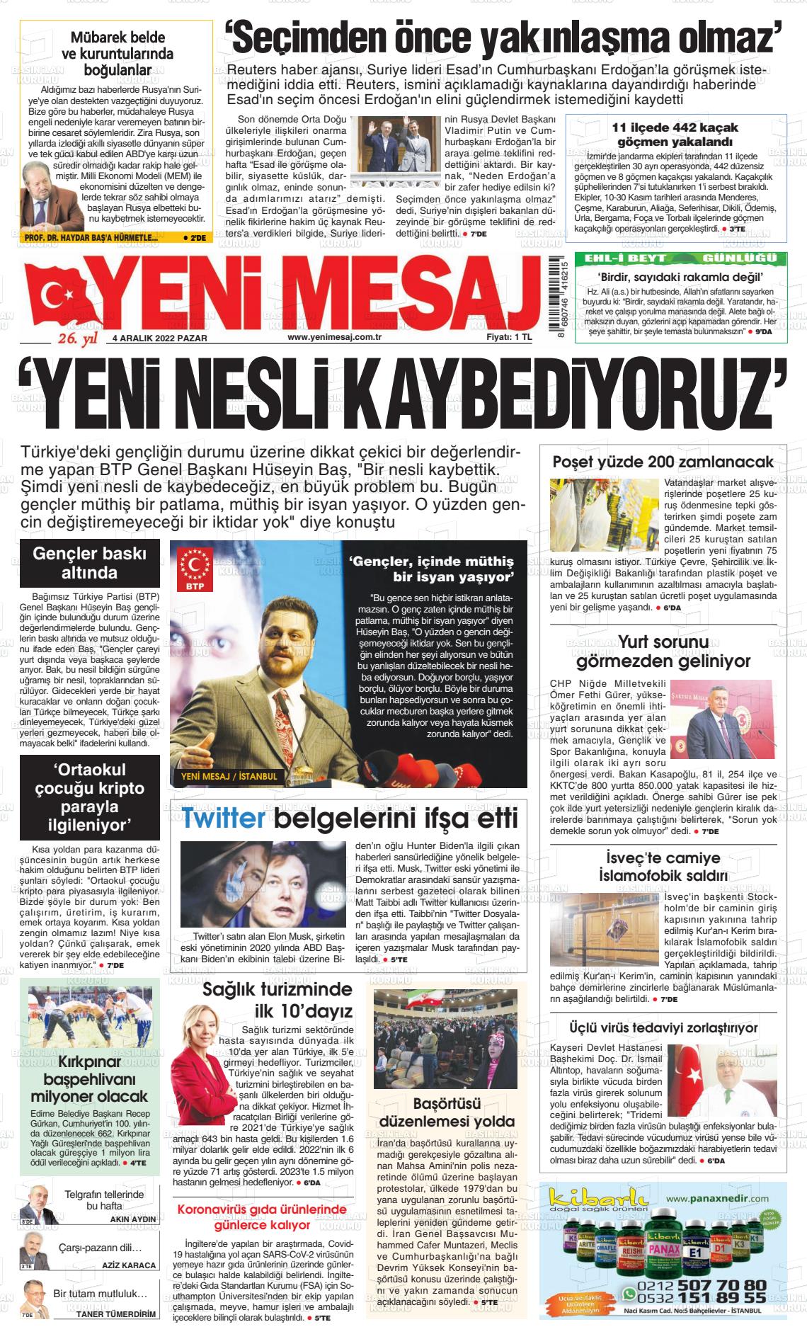 04 Aralık 2022 Yeni Mesaj Gazete Manşeti