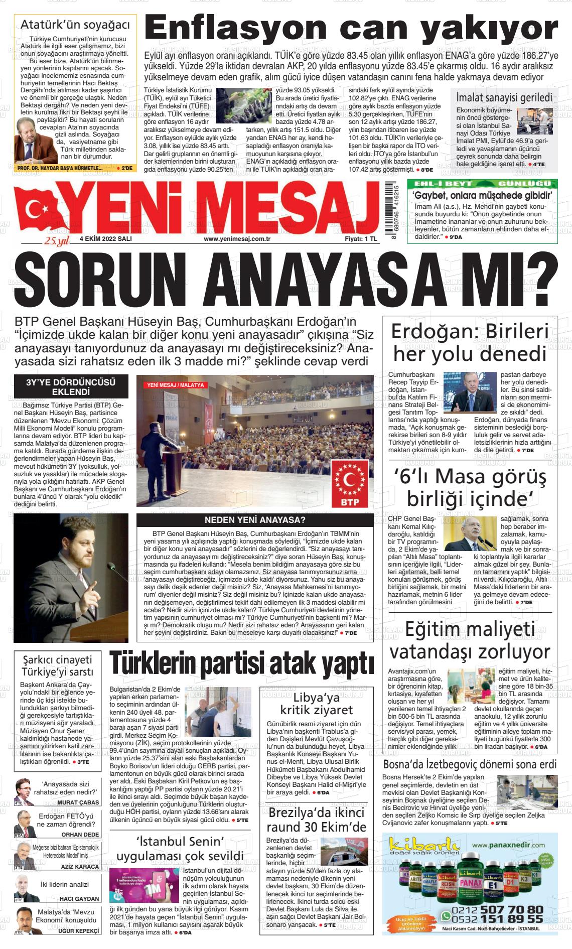 04 Ekim 2022 Yeni Mesaj Gazete Manşeti