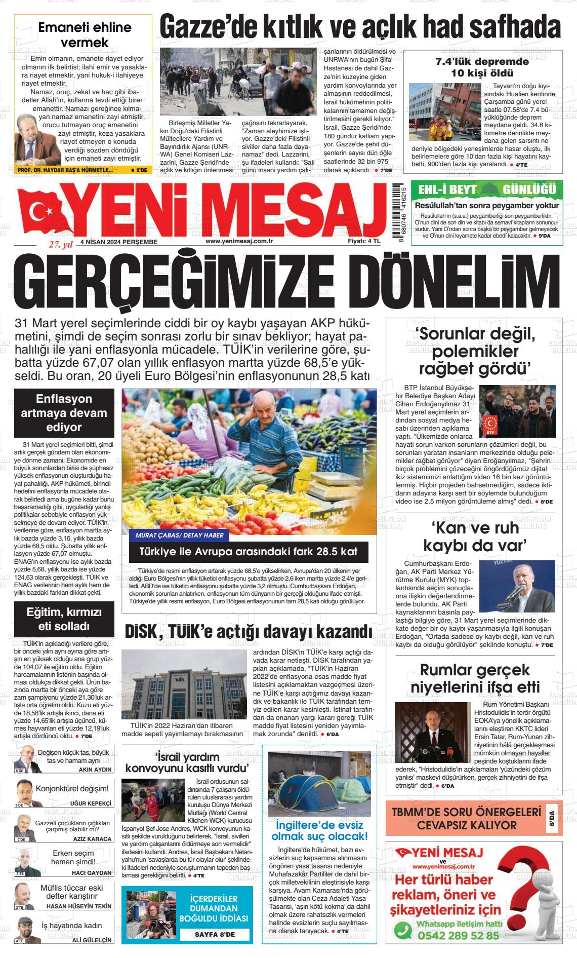 04 Nisan 2024 Yeni Mesaj Gazete Manşeti