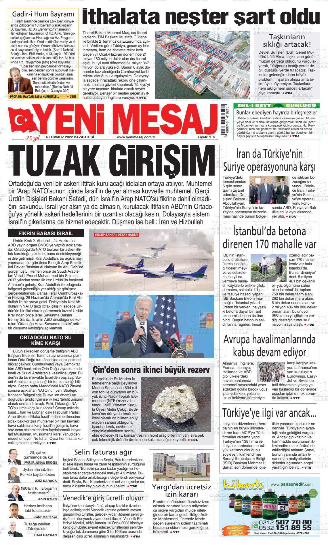 04 Temmuz 2022 Yeni Mesaj Gazete Manşeti