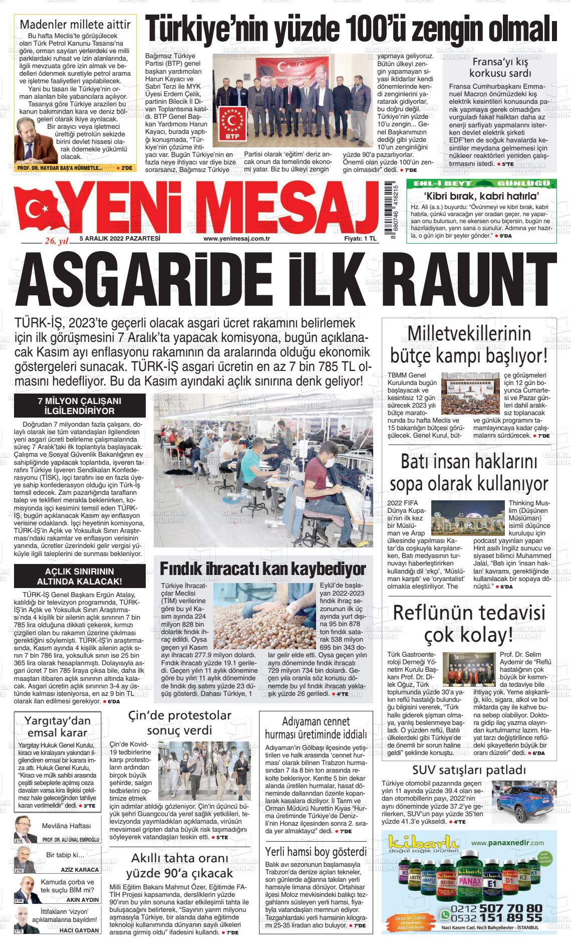05 Aralık 2022 Yeni Mesaj Gazete Manşeti