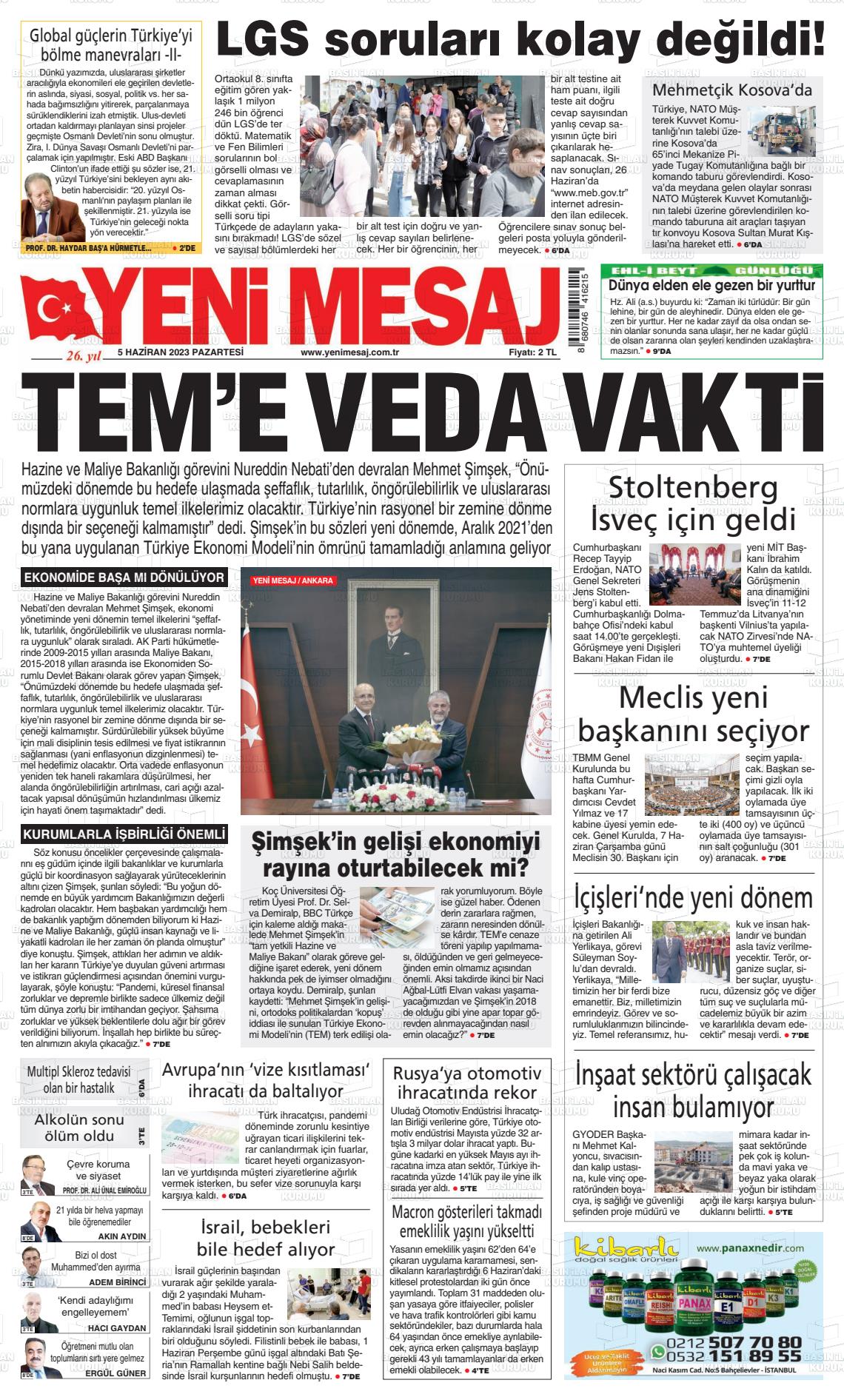 05 Haziran 2023 Yeni Mesaj Gazete Manşeti