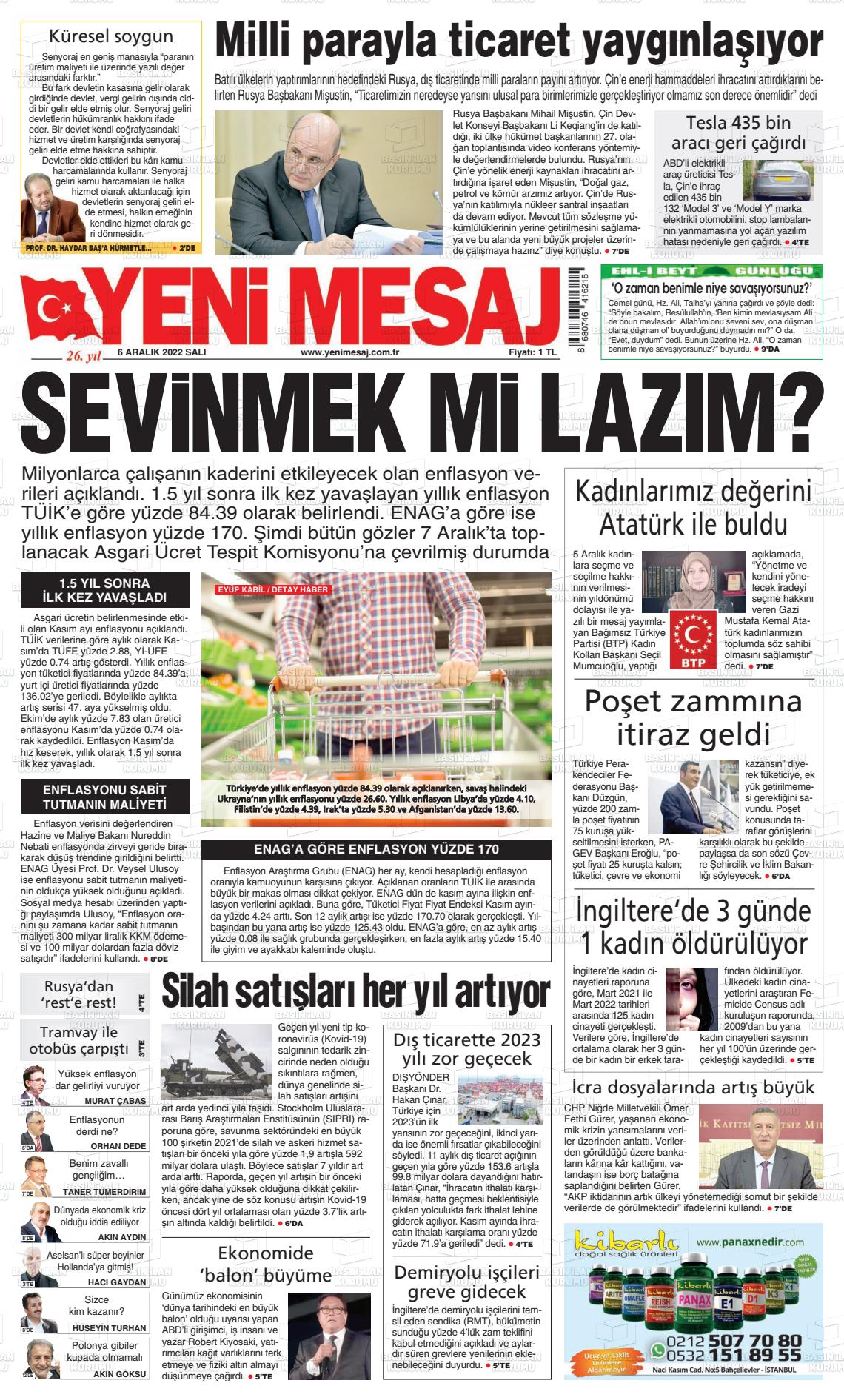 06 Aralık 2022 Yeni Mesaj Gazete Manşeti