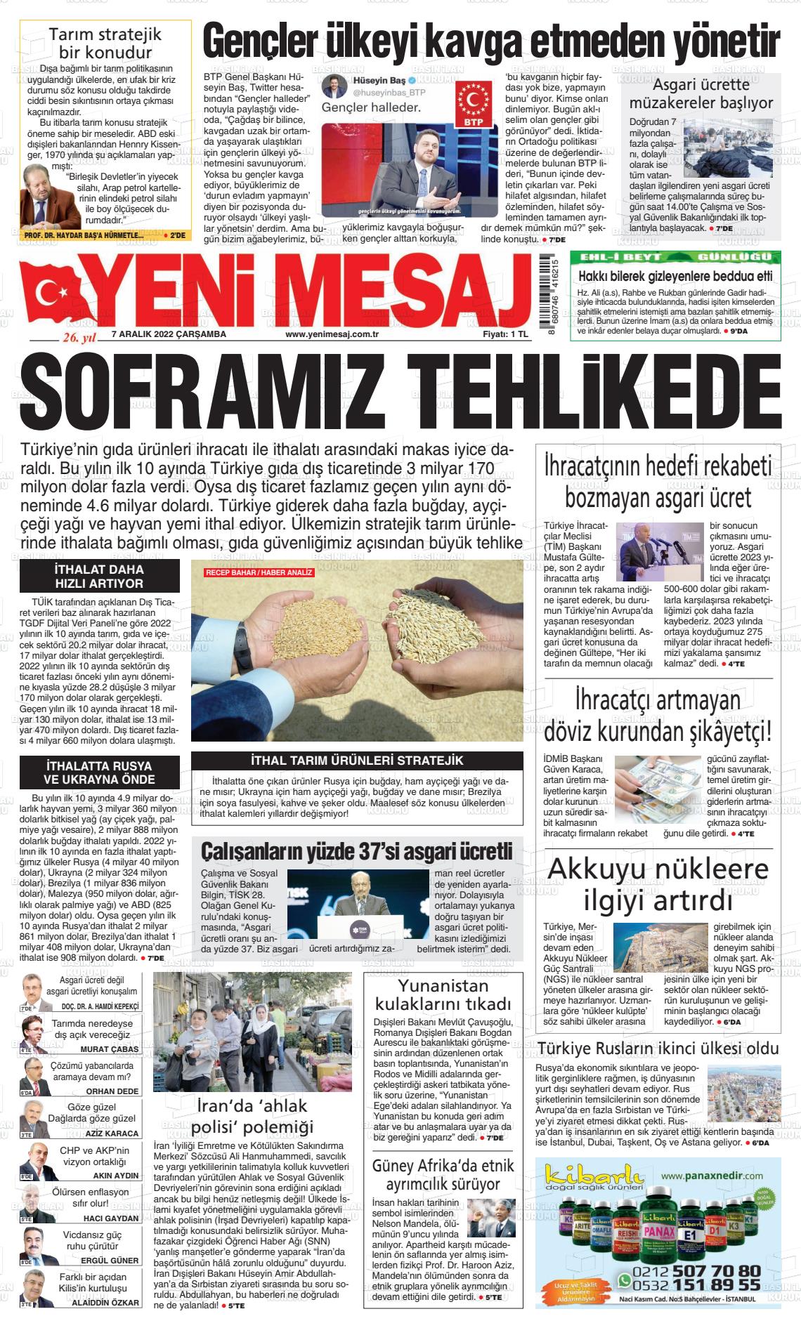 07 Aralık 2022 Yeni Mesaj Gazete Manşeti