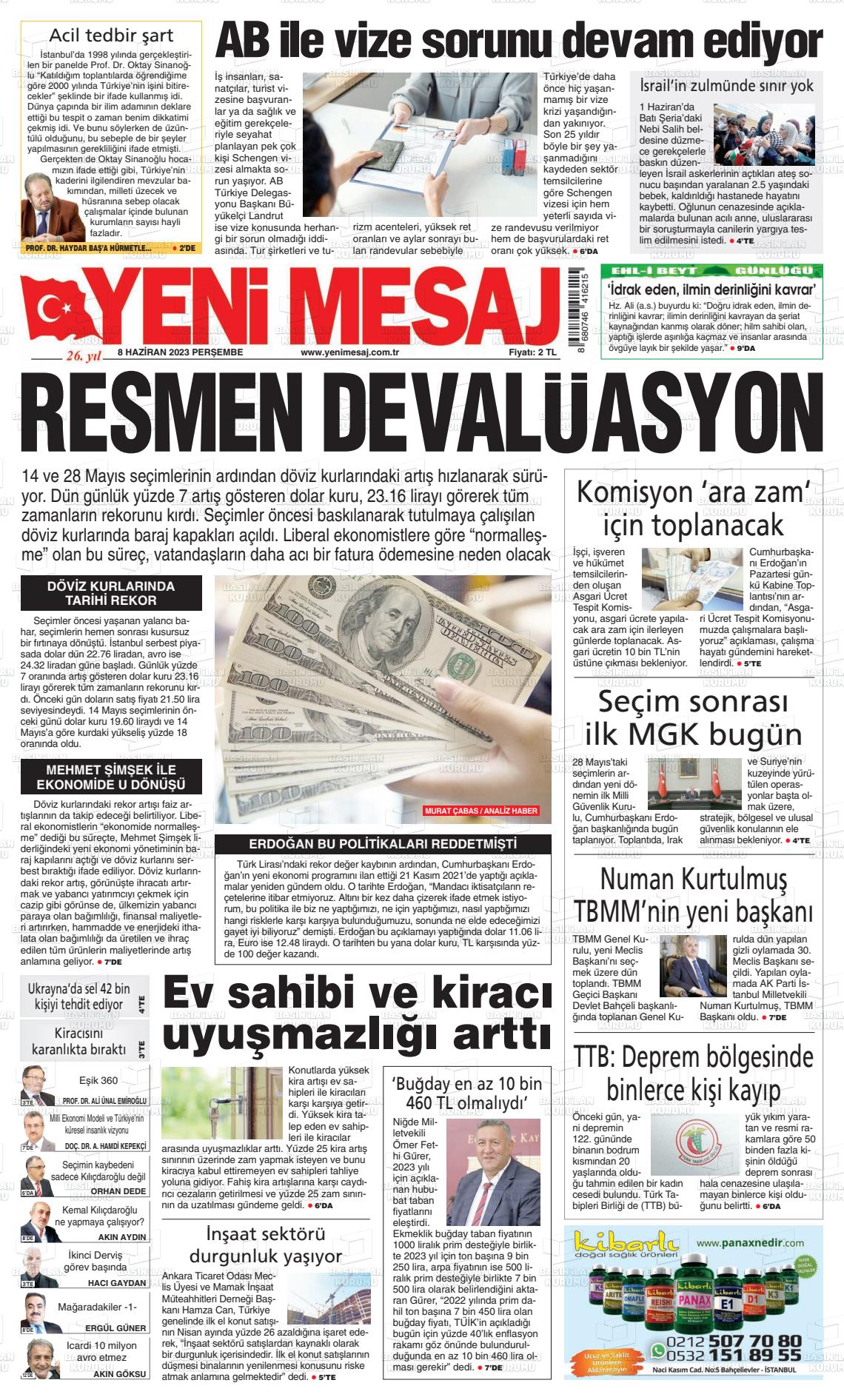 08 Haziran 2023 Yeni Mesaj Gazete Manşeti