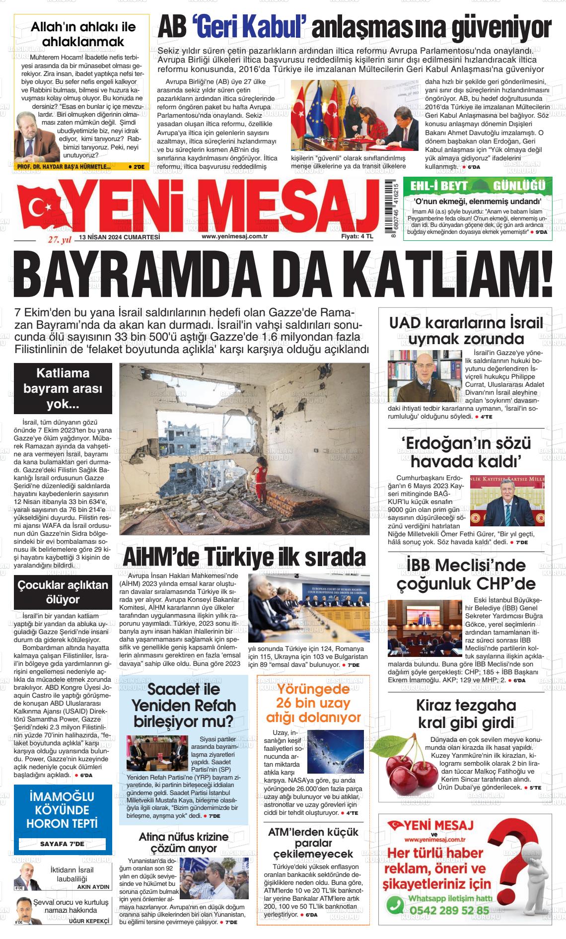 13 Nisan 2024 Yeni Mesaj Gazete Manşeti