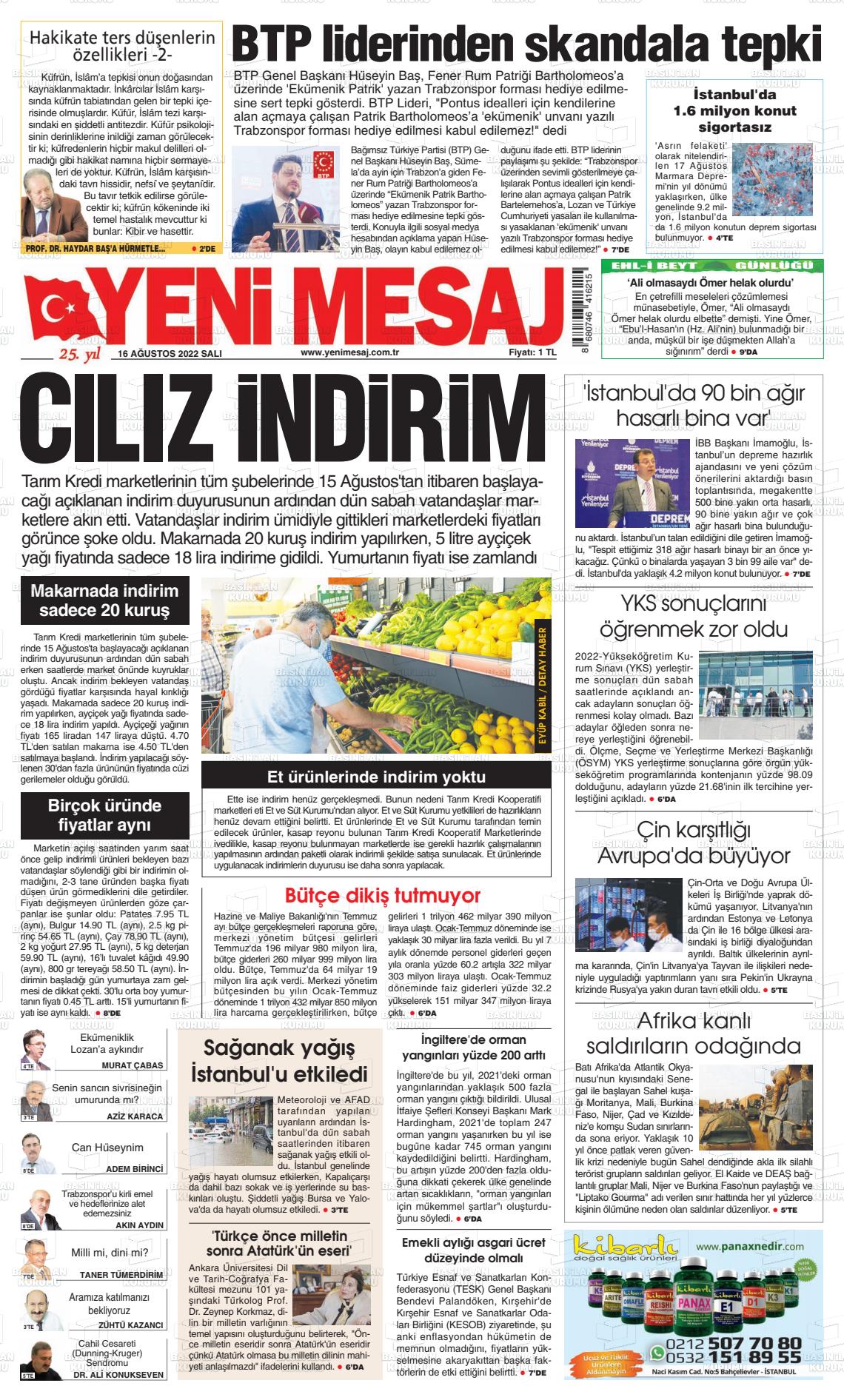 16 Ağustos 2022 Yeni Mesaj Gazete Manşeti