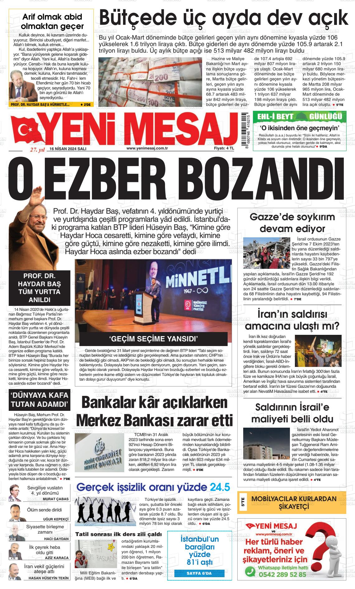 18 Nisan 2024 Yeni Mesaj Gazete Manşeti