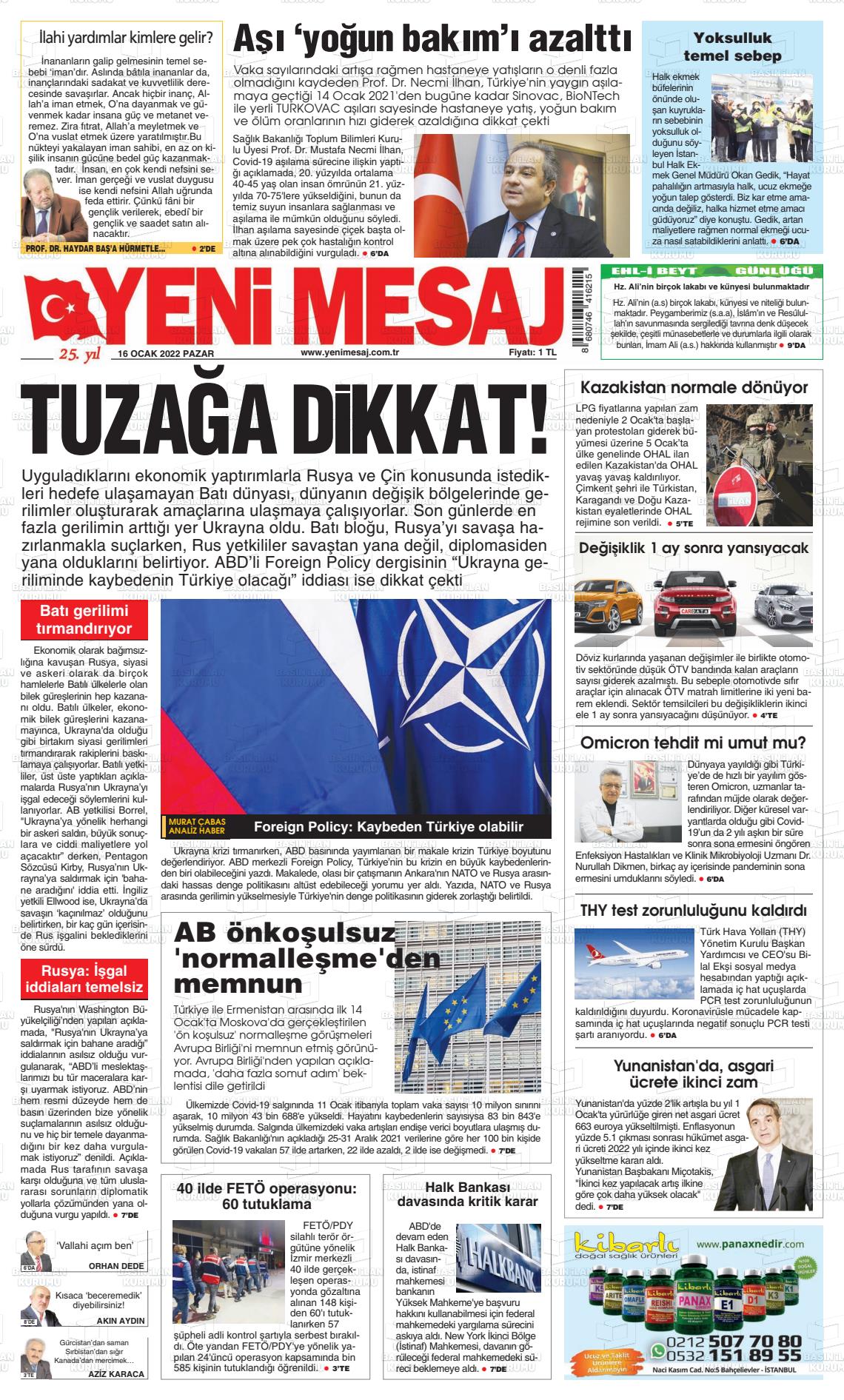 16 Ocak 2022 Yeni Mesaj Gazete Manşeti
