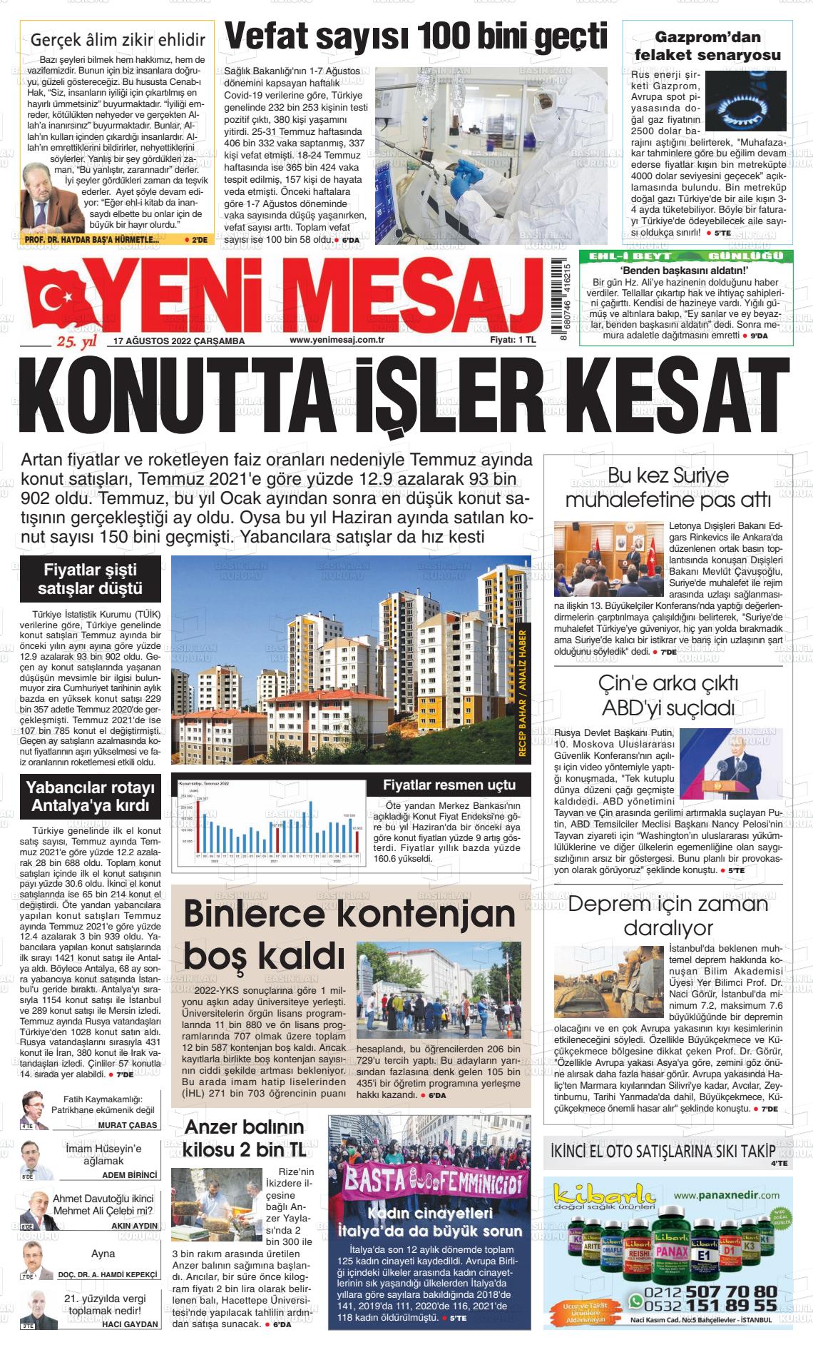 17 Ağustos 2022 Yeni Mesaj Gazete Manşeti