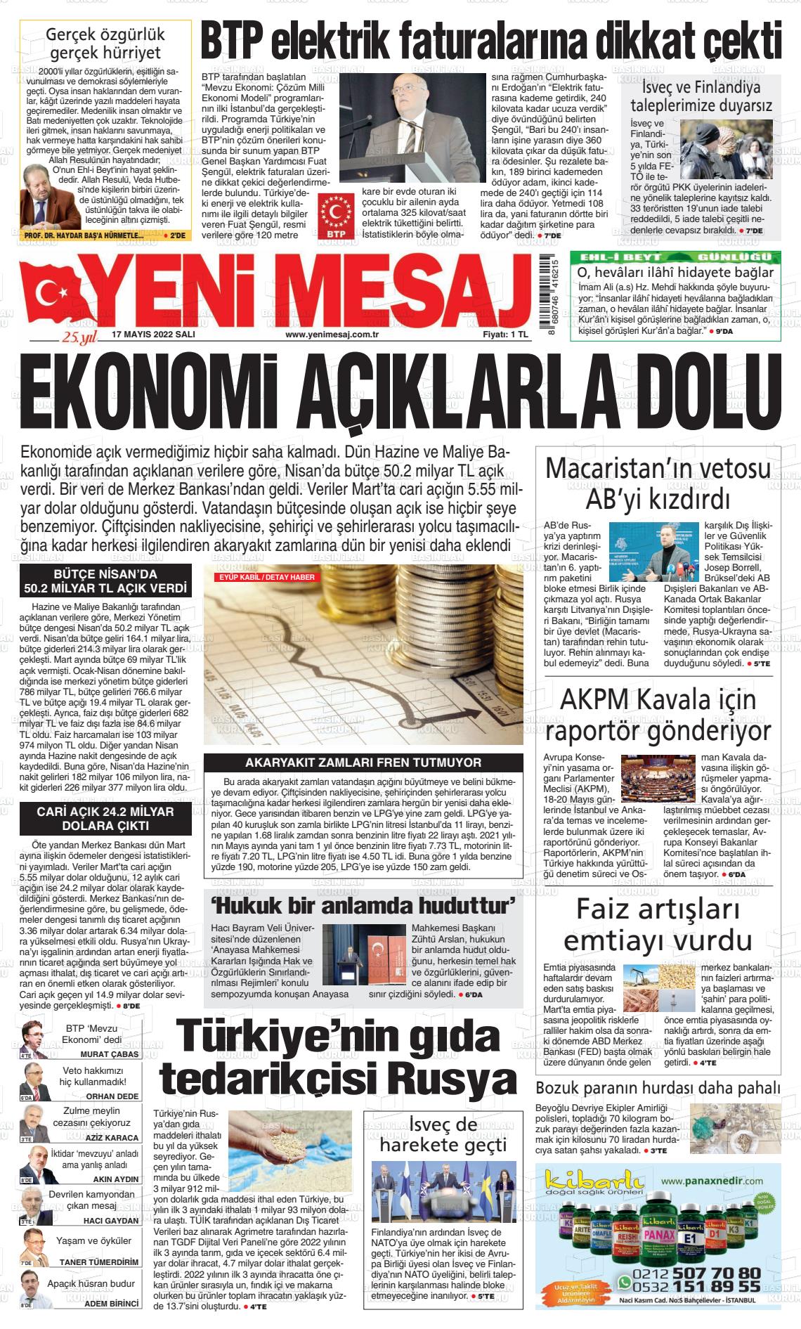 17 Mayıs 2022 Yeni Mesaj Gazete Manşeti
