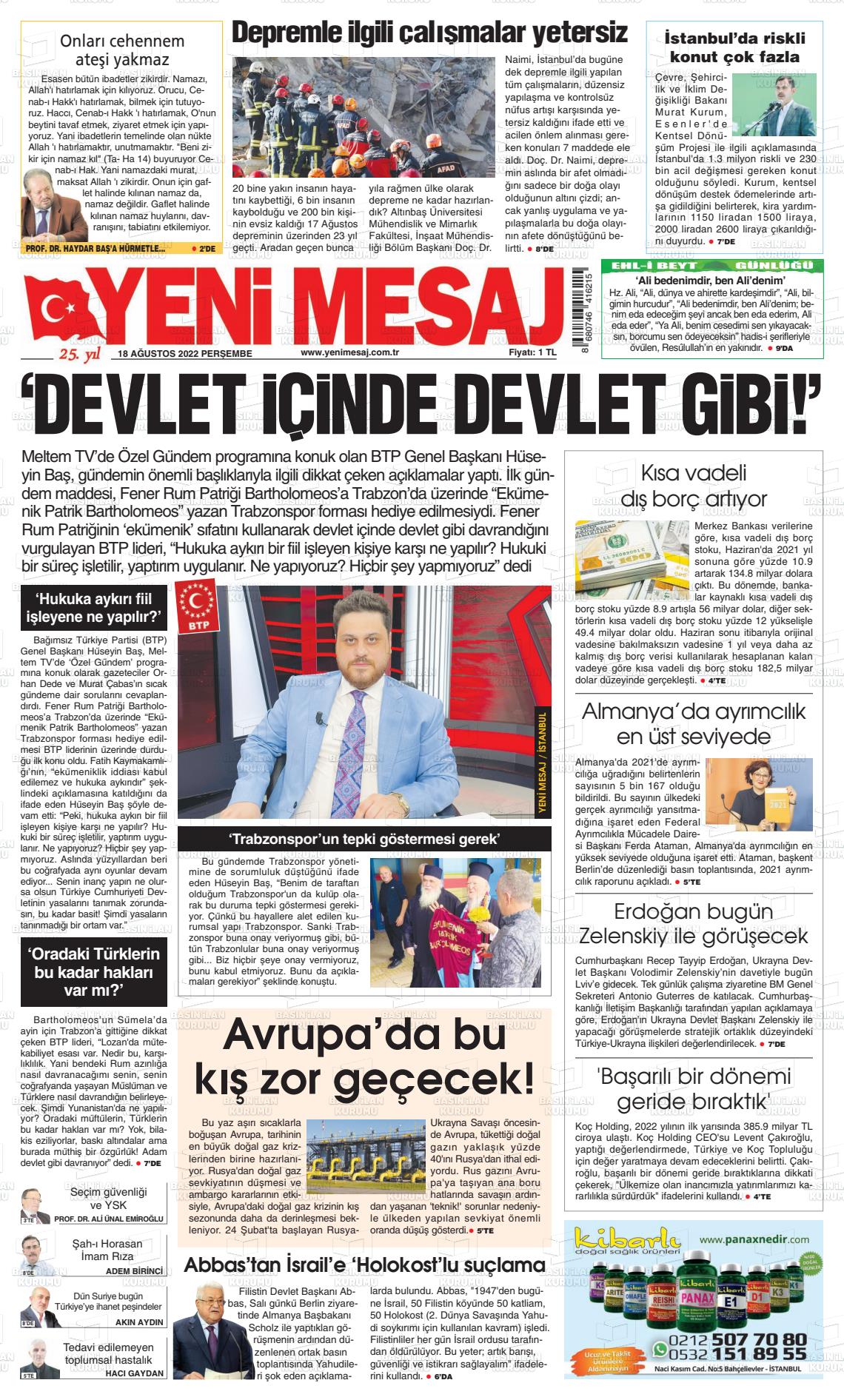 18 Ağustos 2022 Yeni Mesaj Gazete Manşeti