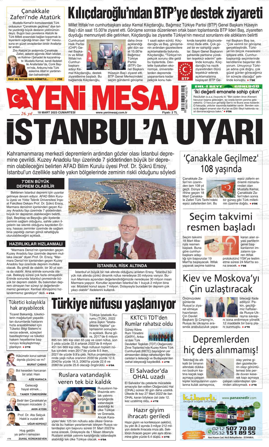 18 Mart 2023 Yeni Mesaj Gazete Manşeti